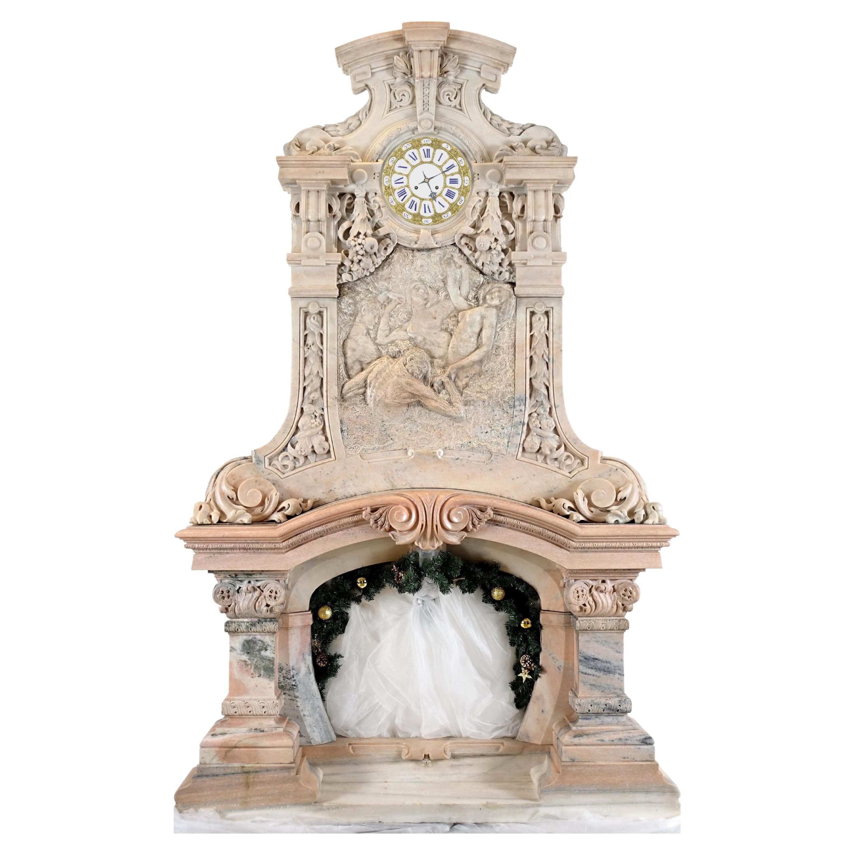 Fireplace with a Clock, "Candoglia" Marble of the Cathedral of Milan, 1895-1910 For Sale