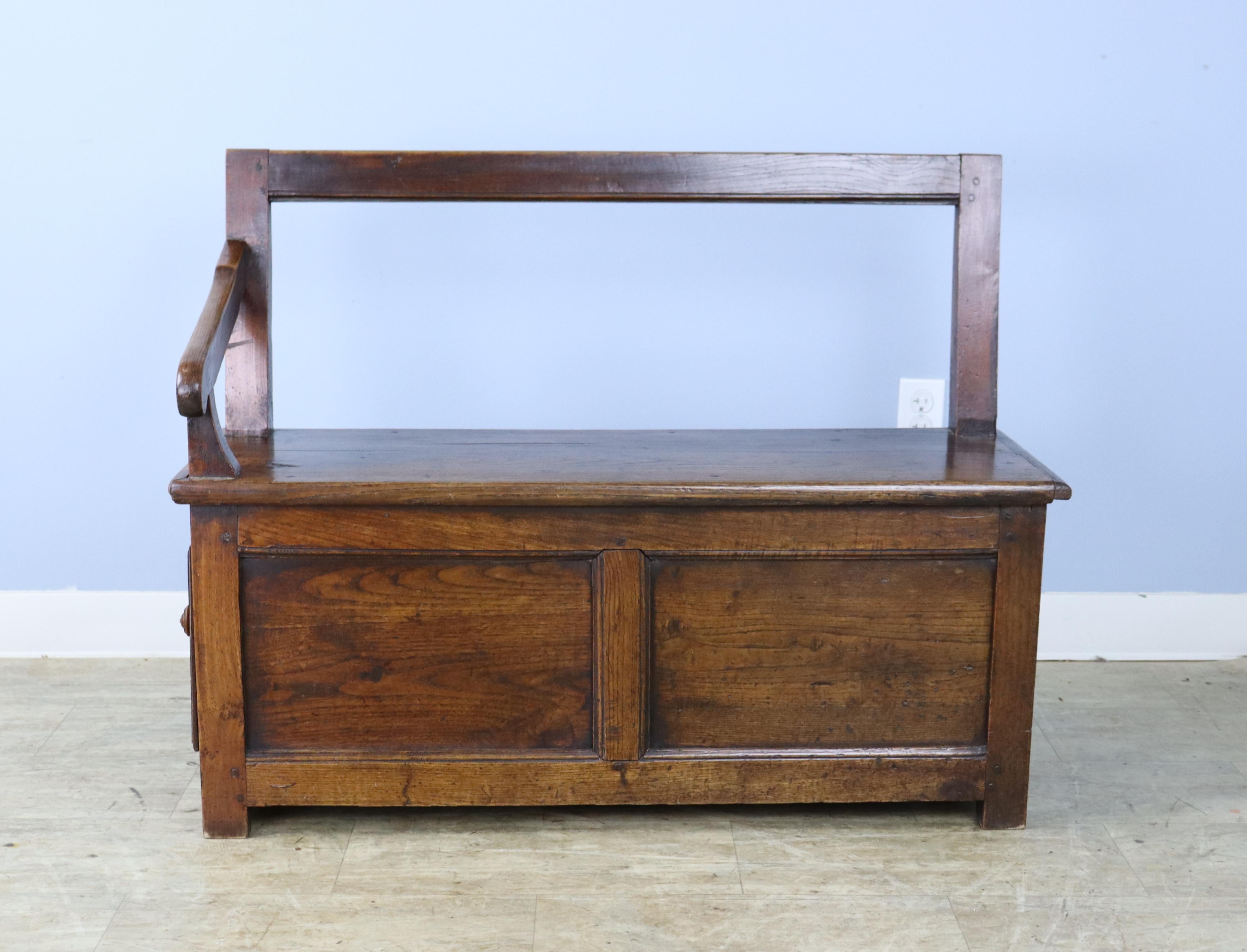 French Fireside Bench in Chestnut, One Arm For Sale