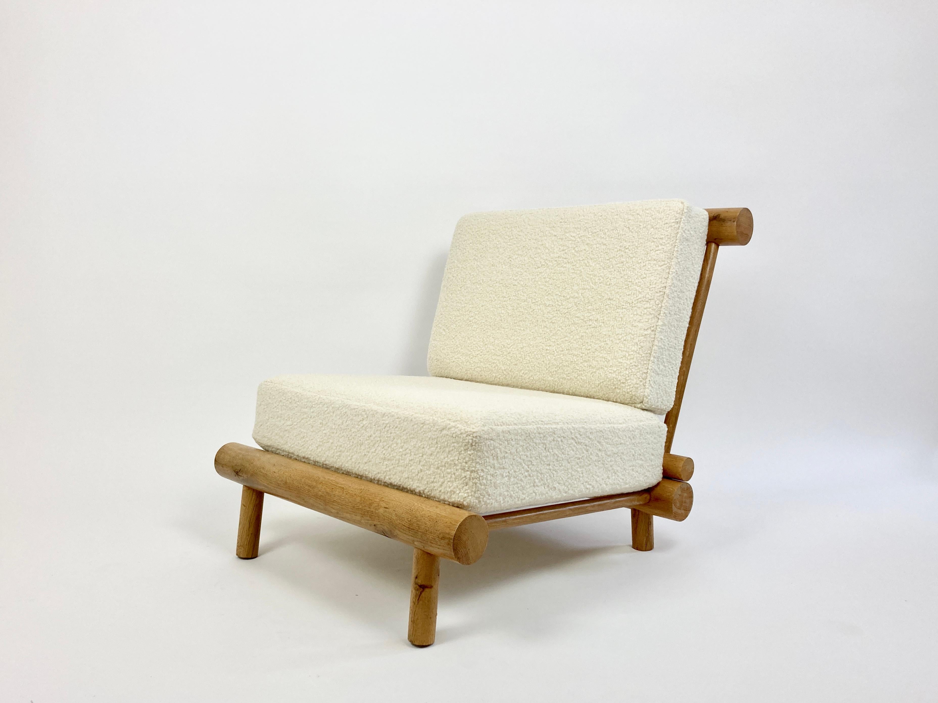 2 available - Frames only. Custom made cushions in a choice of natural fabrics are available on request.

1960s Charlotte Perriand fireside or 'chauffeuse' chairs for Résidence La Cachette, Arc 1600, France.

Made of cylindrical sections of solid
