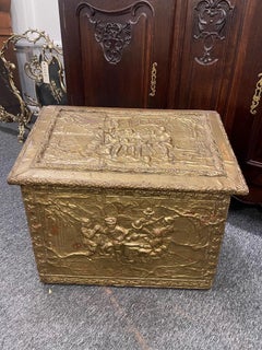 Firewood Coal Wood Repousse Box  with Artistic Scenes Brass Panels, 19th Century