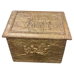 Firewood Coal Wood Repousse Box  with Artistic Scenes Brass Panels, 19th Century