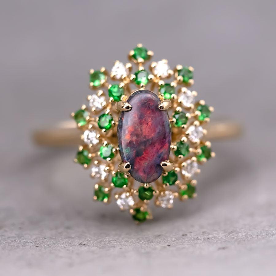 Brilliant Cut Fireworks - Black Opal & Diamond Engagement Ring 18K Yellow Gold