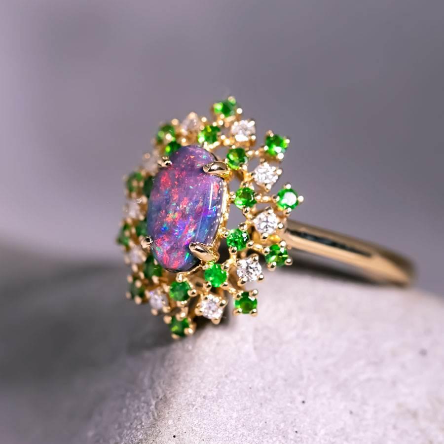 Arts and Crafts Fireworks - Black Opal & Diamond Engagement Ring 18K Yellow Gold