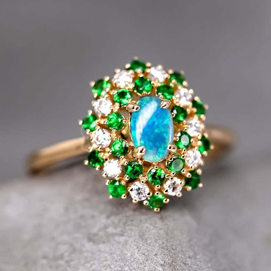 Oval Cut Fireworks - Black Opal & Diamond Engagement Ring 18K Yellow Gold For Sale