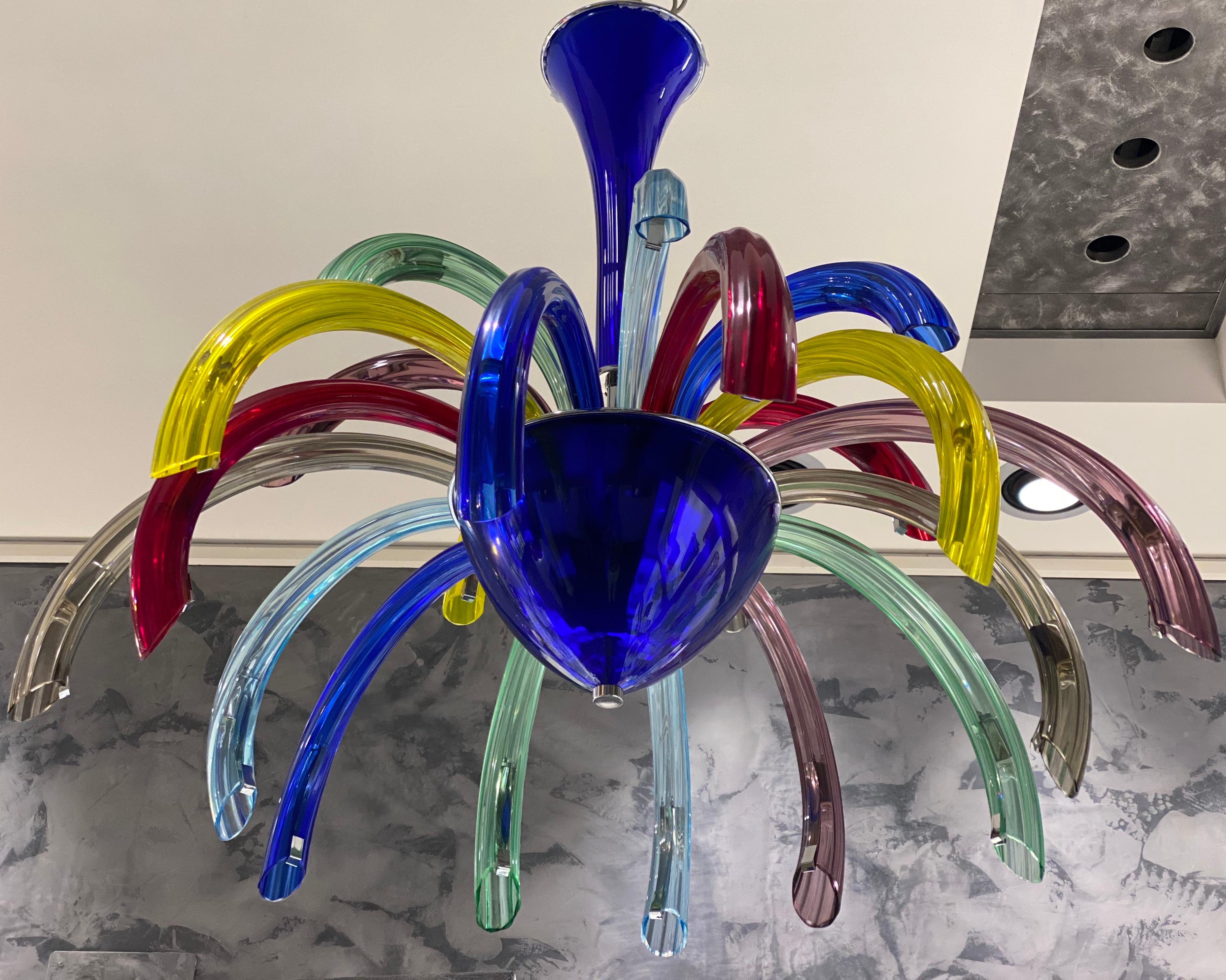 Fireworks colorful hand blown Murano glass chandelier.
 Available also a pair.
Wonderful refined piece able to combine with the modern furniture.