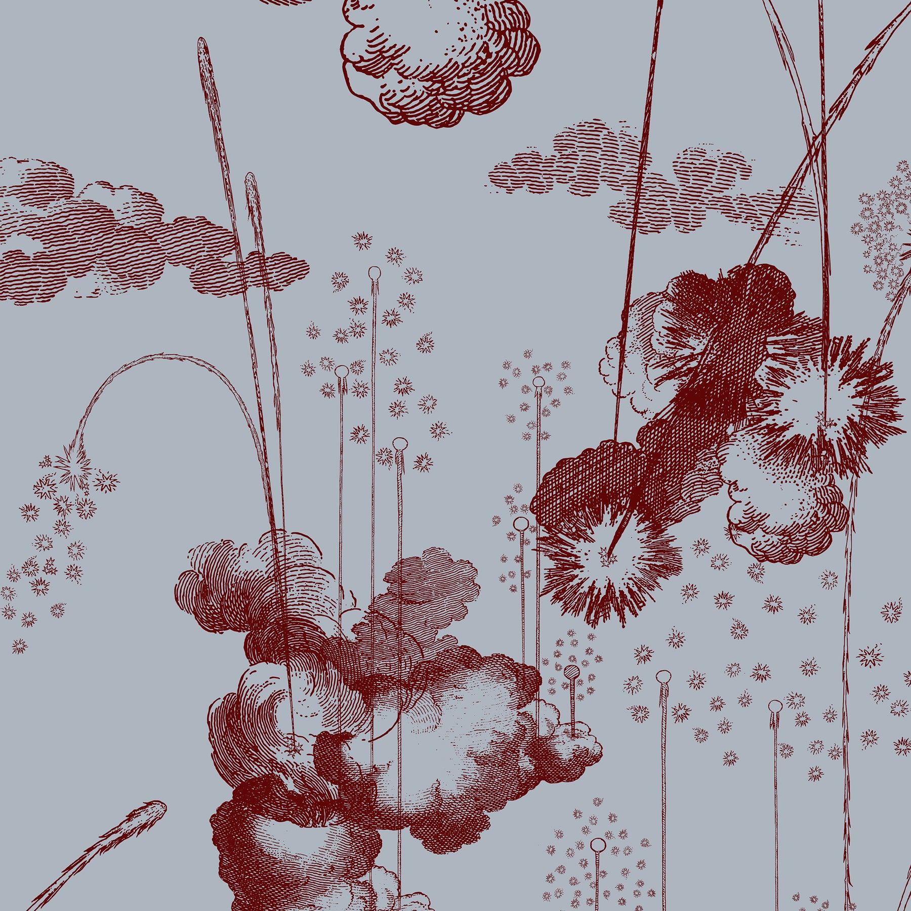 MINIMUM ORDER 4 ROLLS FOR A TOTAL OF 44 YARDS.

This design is inspired by the depiction of fireworks in European illustrations from the 15th to the 18th century. These illustrations were handed out before the firework displays that celebrated