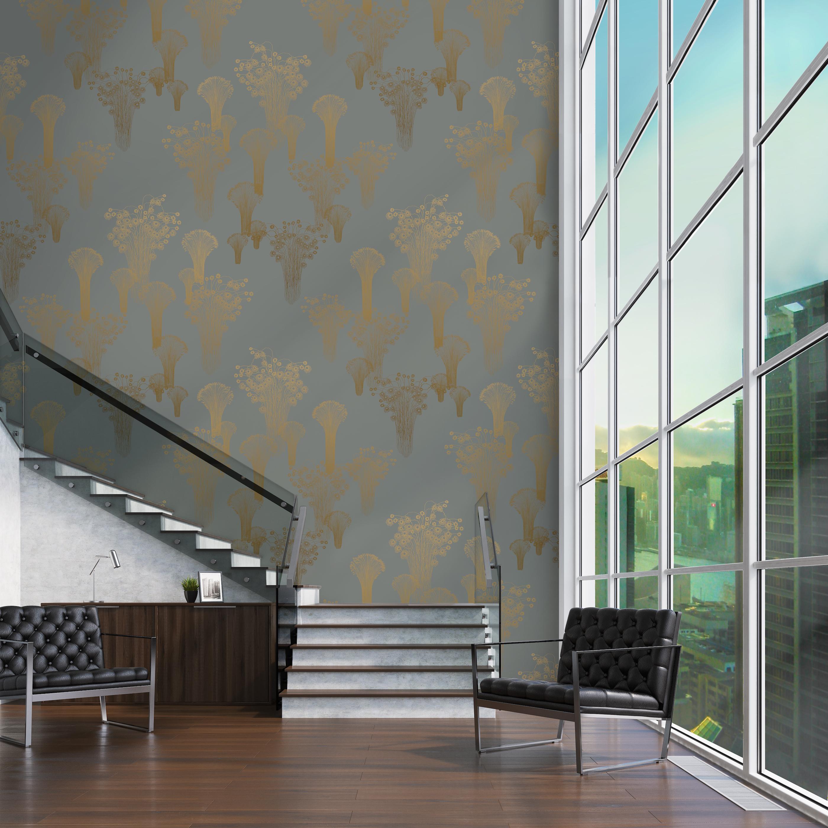MINIMUM ORDER 4 ROLLS FOR A TOTAL OF 44 YARDS.

This pattern is printed on our exclusive Mica coated grounds, which lend an amazing shimmer to the wall.

This design is inspired by the depiction of fireworks in European illustrations from the 15th
