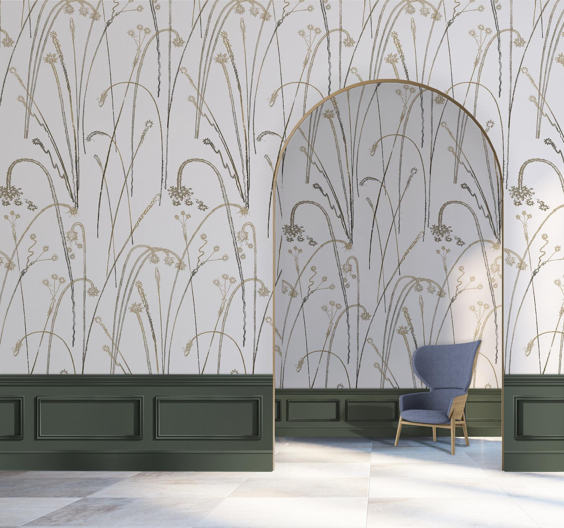 British Fireworks Wallpaper Gold on White background: Feux D'Artifice White Gold For Sale