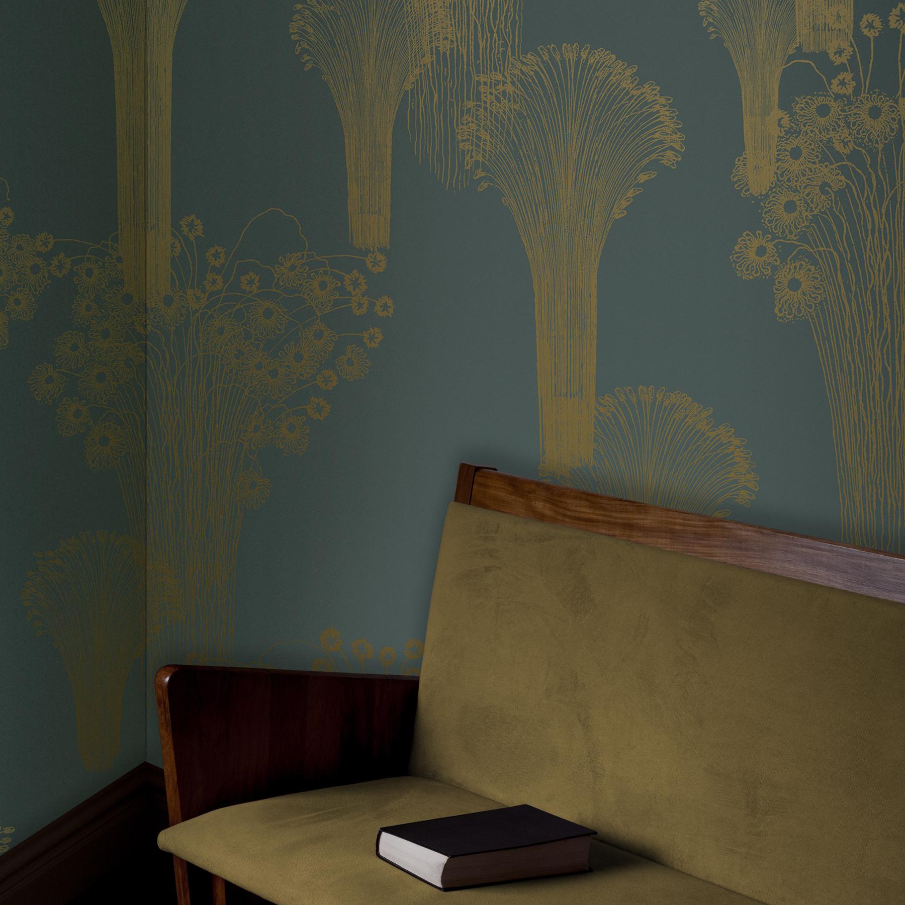 Bohemian Fireworks Wallpaper Gold on Sage Green background: Le Grand Feu For Sale