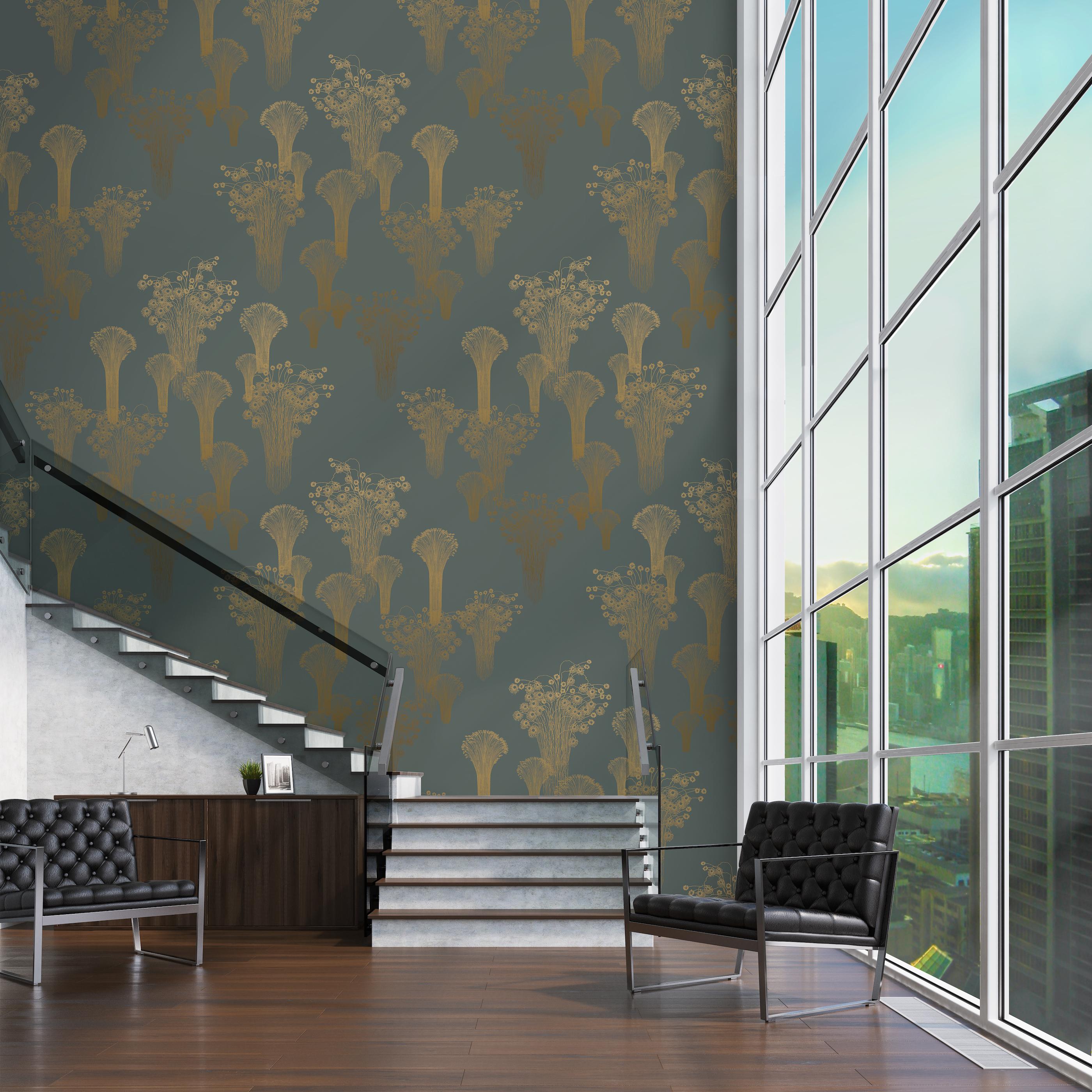 British Fireworks Wallpaper Gold on Sage Green background: Le Grand Feu For Sale