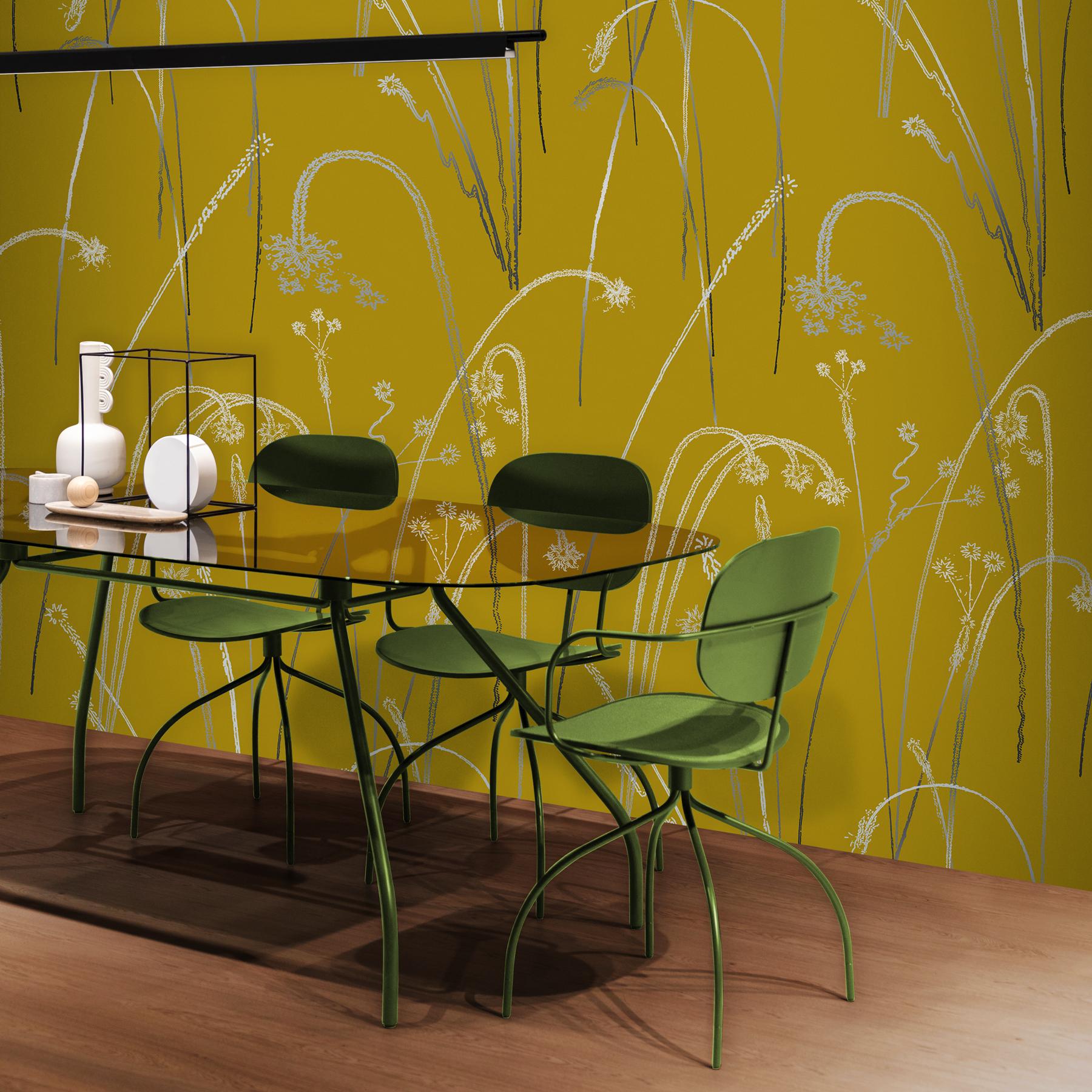 Bohemian Fireworks Wallpaper Silver on Yellow background: Feux D'Artifice Turmeric For Sale