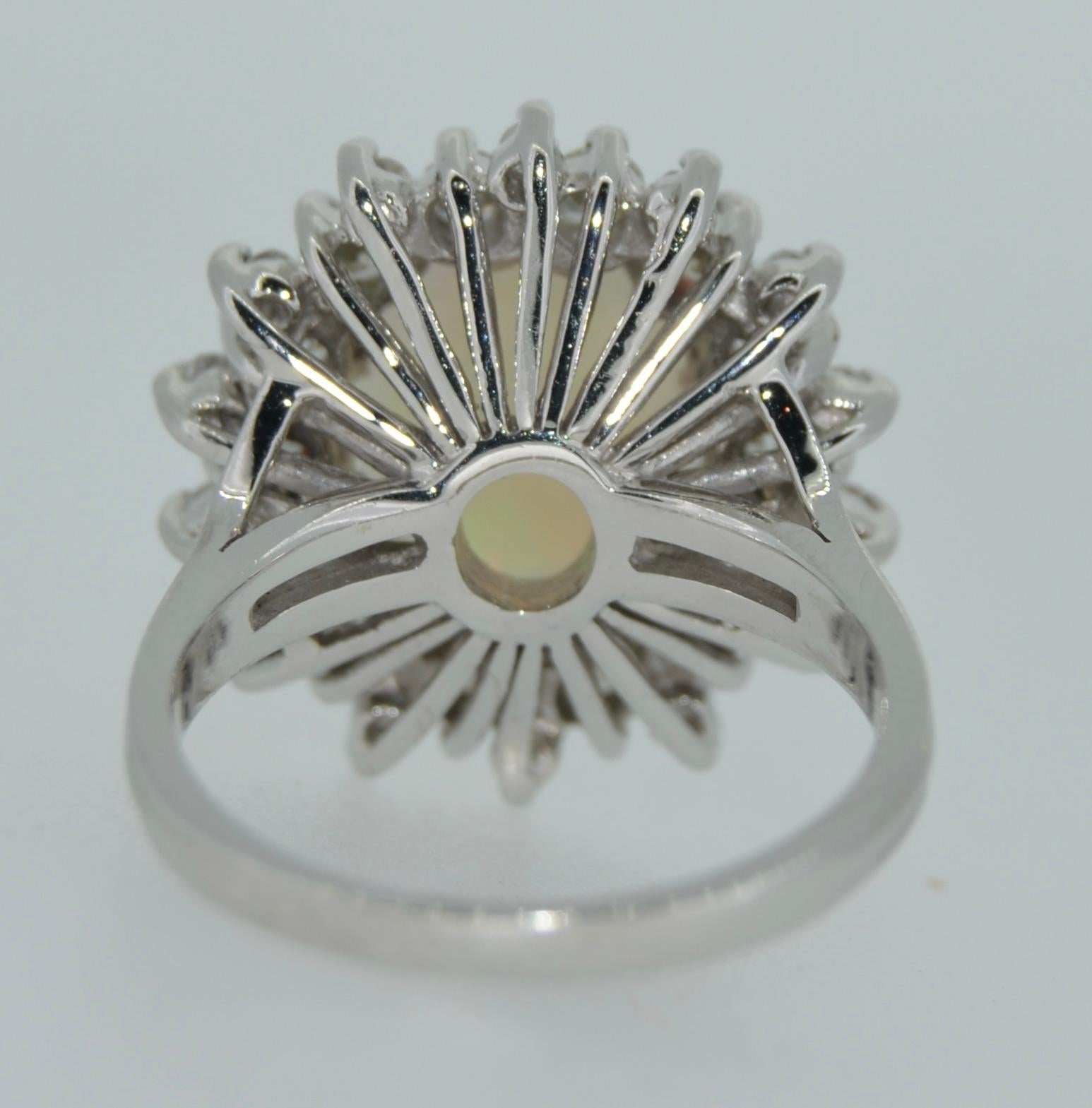 Firey White Opal & Diamond Double Halo Ring in 14K White Gold For Sale 5