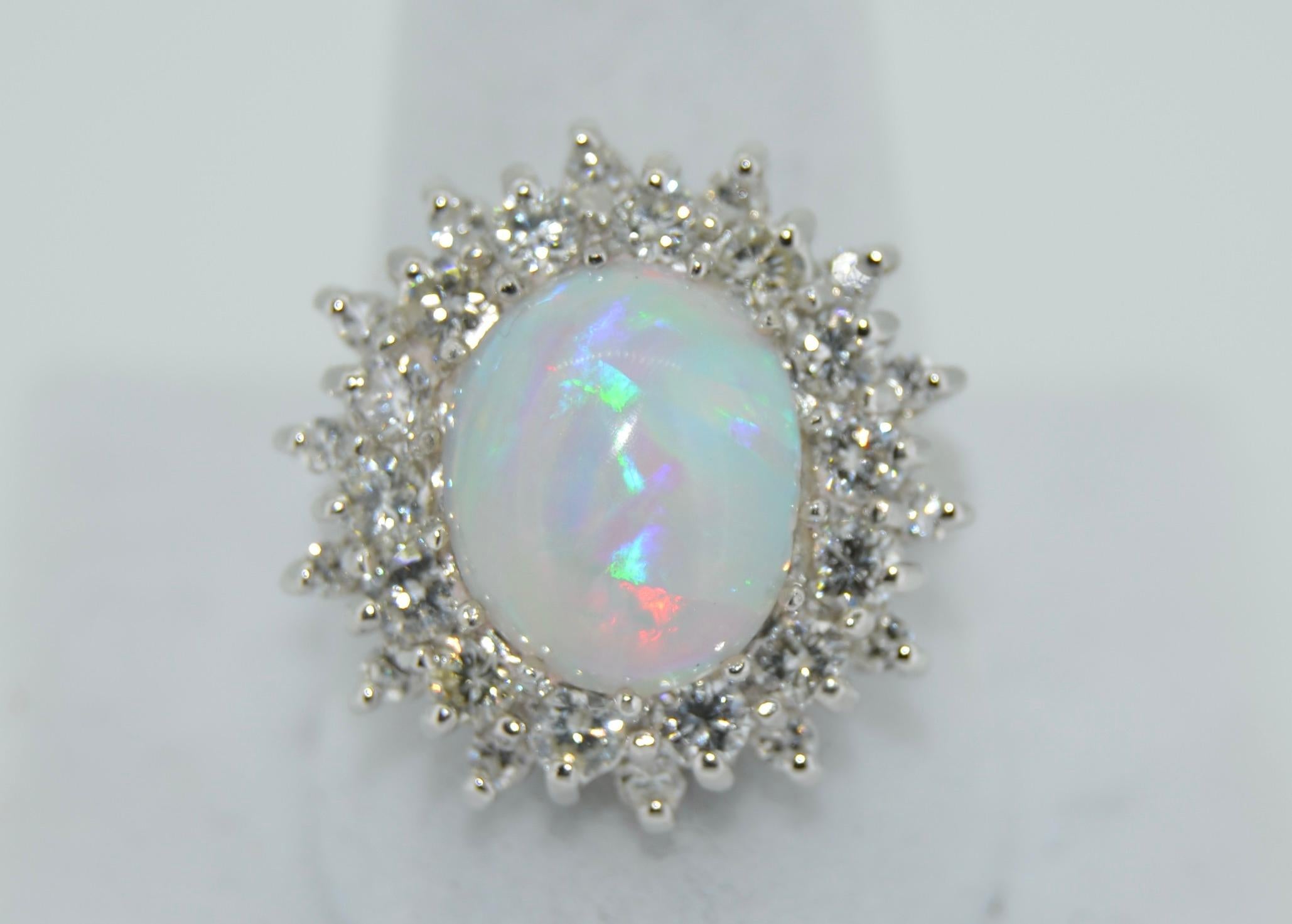 Cabochon Firey White Opal & Diamond Double Halo Ring in 14K White Gold For Sale