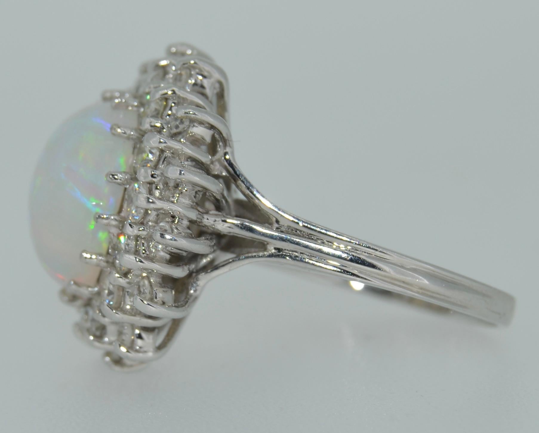 Firey White Opal & Diamond Double Halo Ring in 14K White Gold In Excellent Condition For Sale In Saratoga, CA