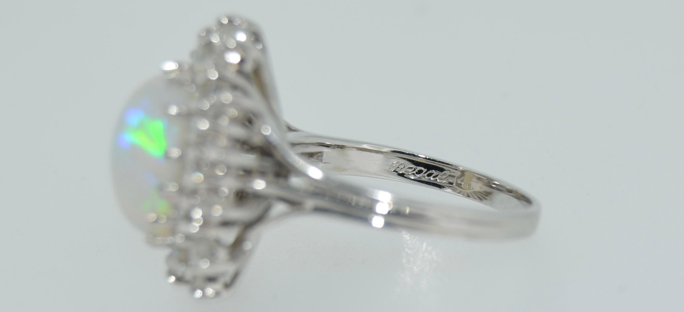 Women's Firey White Opal & Diamond Double Halo Ring in 14K White Gold For Sale