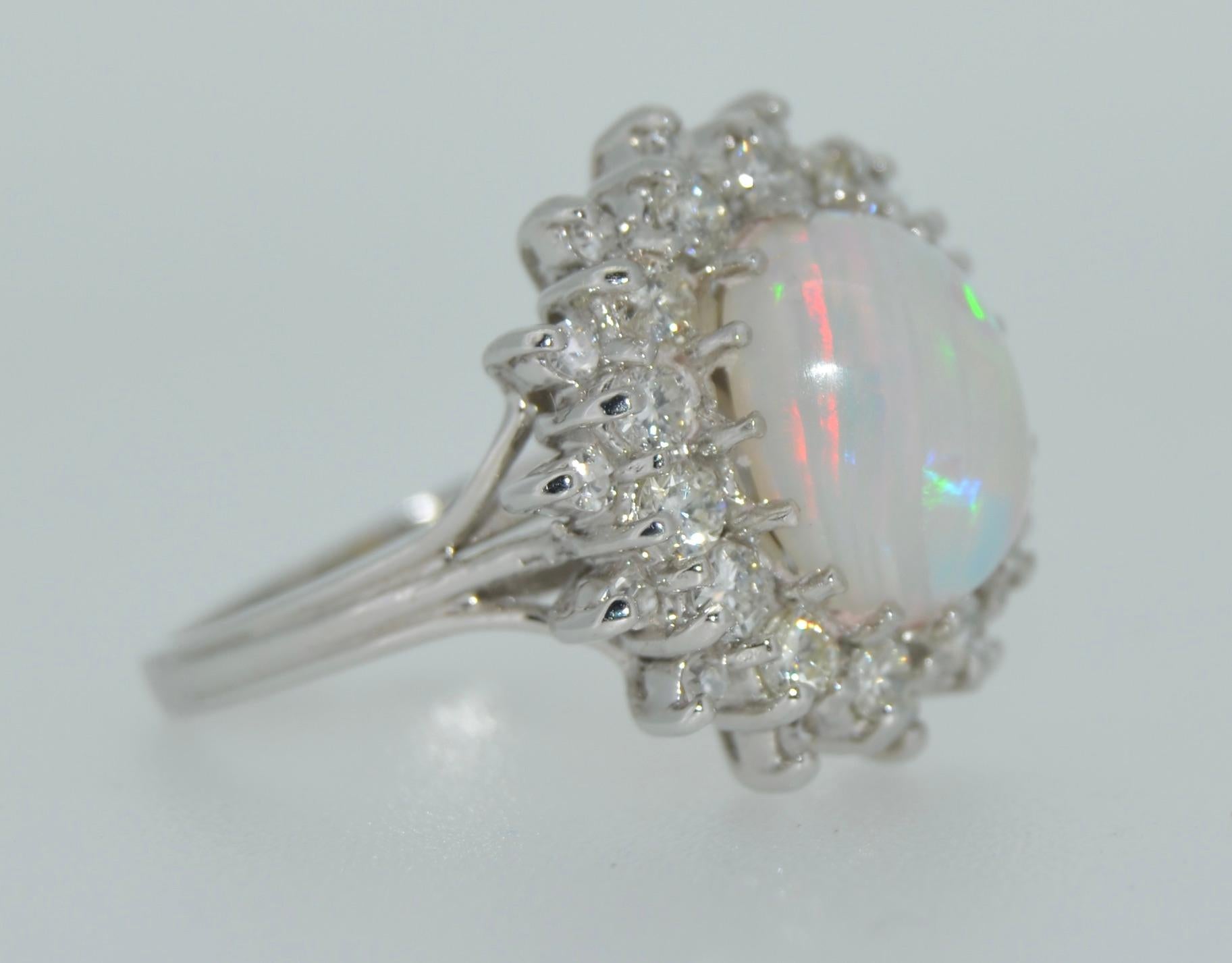 Firey White Opal & Diamond Double Halo Ring in 14K White Gold For Sale 1