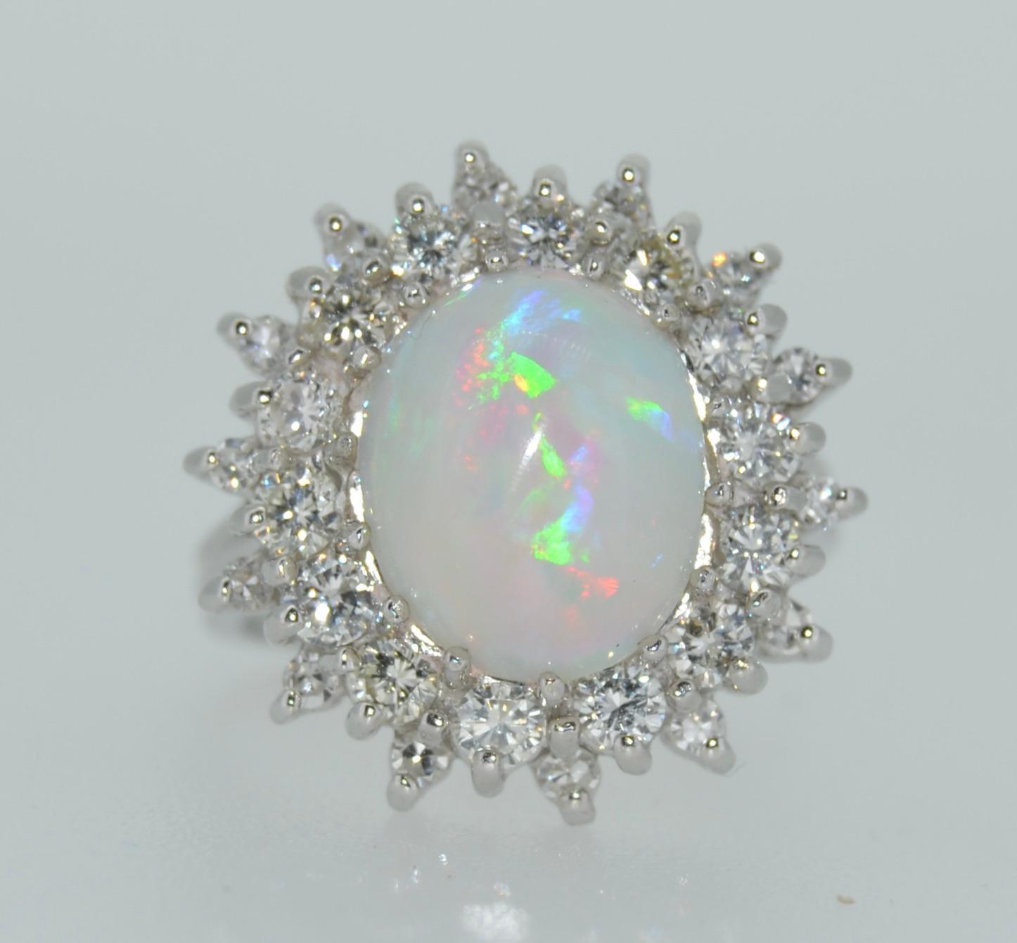 Firey White Opal & Diamond Double Halo Ring in 14K White Gold For Sale 2