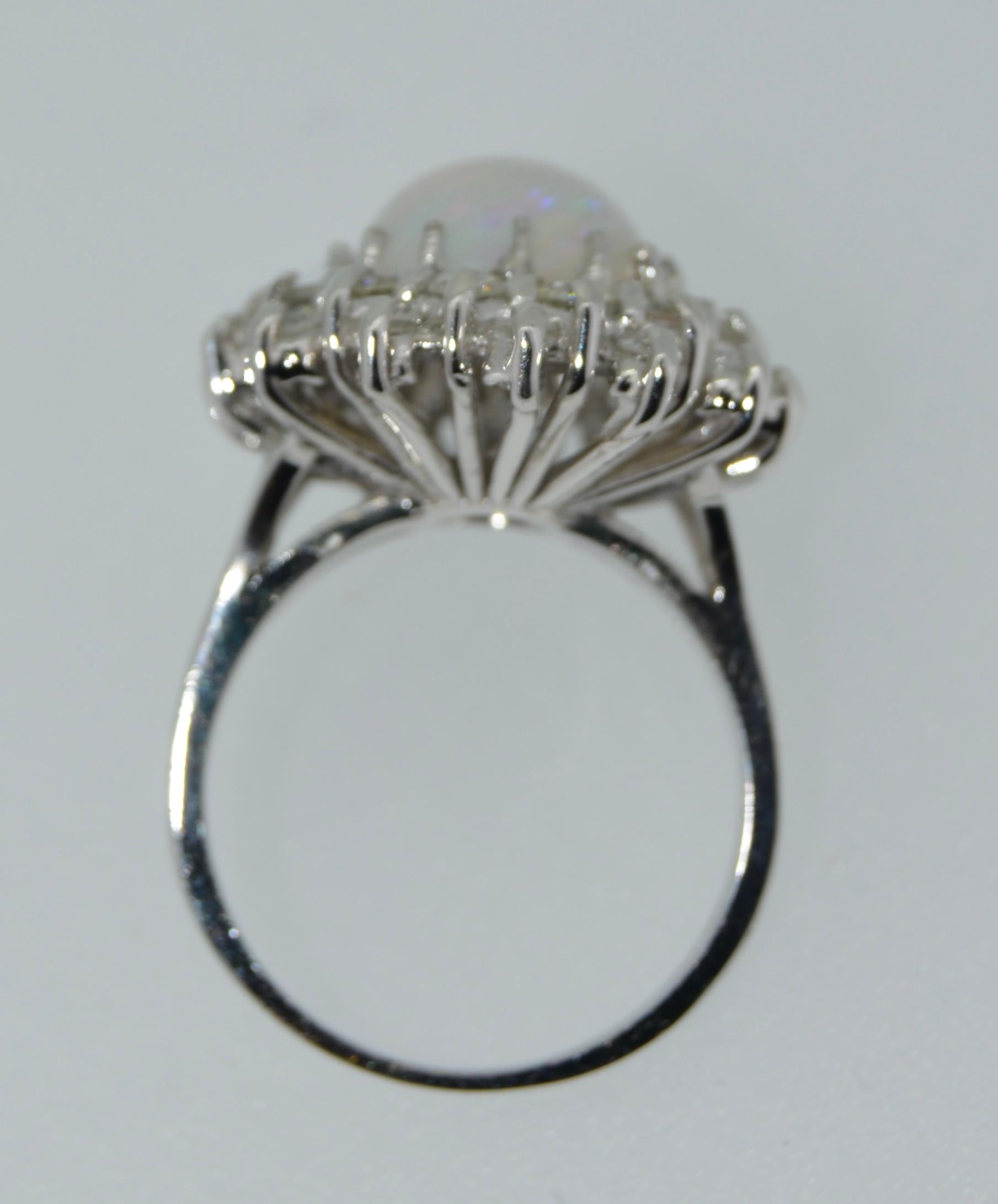 Firey White Opal & Diamond Double Halo Ring in 14K White Gold For Sale 3