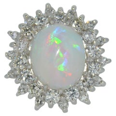 Firey White Opal & Diamond Double Halo Ring in 14K White Gold