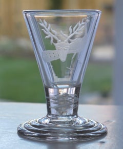 18thC Georgian Firing Drinking Glass Engraved Bowl Cotton Twist Stem  Ca 1765
