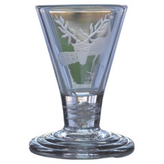 18thC Georgian Firing Drinking Glass Engraved Bowl Cotton Twist Stem  Ca 1765