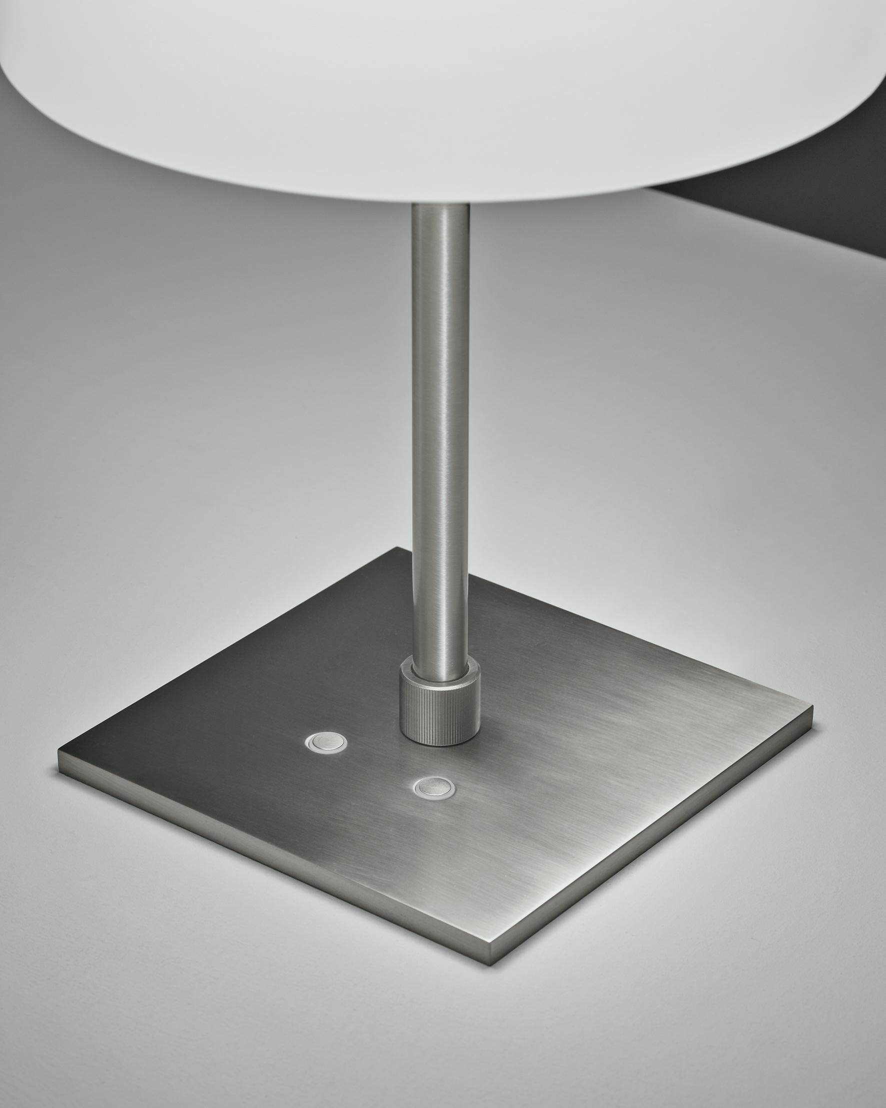 Please note that VAT is not included in the price.

A lighting system including table, floor and suspension versions, all characterized by the same hand blown, etched frosted glass. A varnished metal belt supports the double LED, allowing two