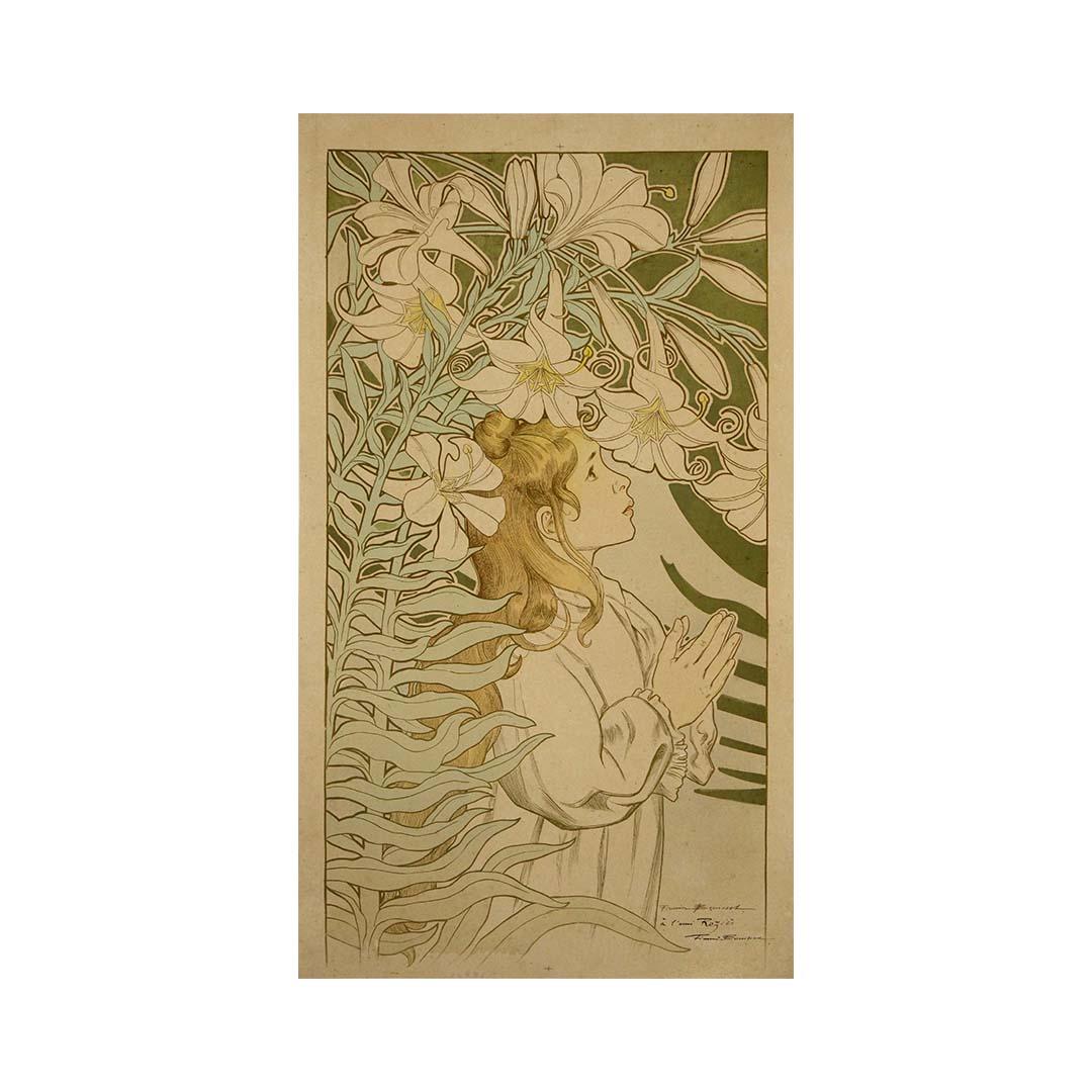 Art Nouveau poster by Firmin Bouisset - Jeune fille dans un décor de feuillages For Sale 1