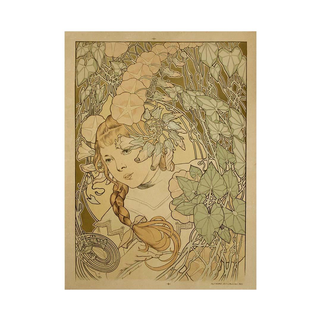 This circa 1900 original poster by Firmin Bouisset, titled Jeune fille à la tresse dans un décor de feuillages, is a delicate and enchanting example of early Art Nouveau design. It features a young girl with a long, braided tress, softly framed by