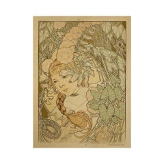 Poster originale del 1900 circa Jeune fille à la tresse dans un décor de feuillage