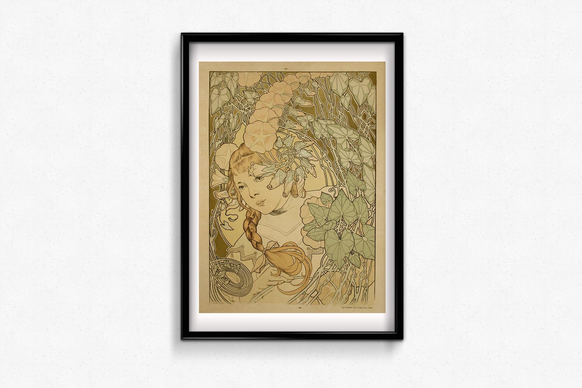 Circa 1900 original poster Jeune fille à la tresse dans un décor de feuillage For Sale 2