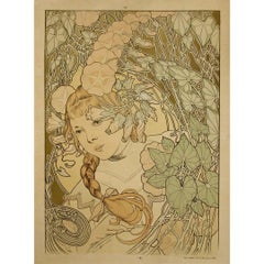 Antique Circa 1900 original poster Jeune fille à la tresse dans un décor de feuillage