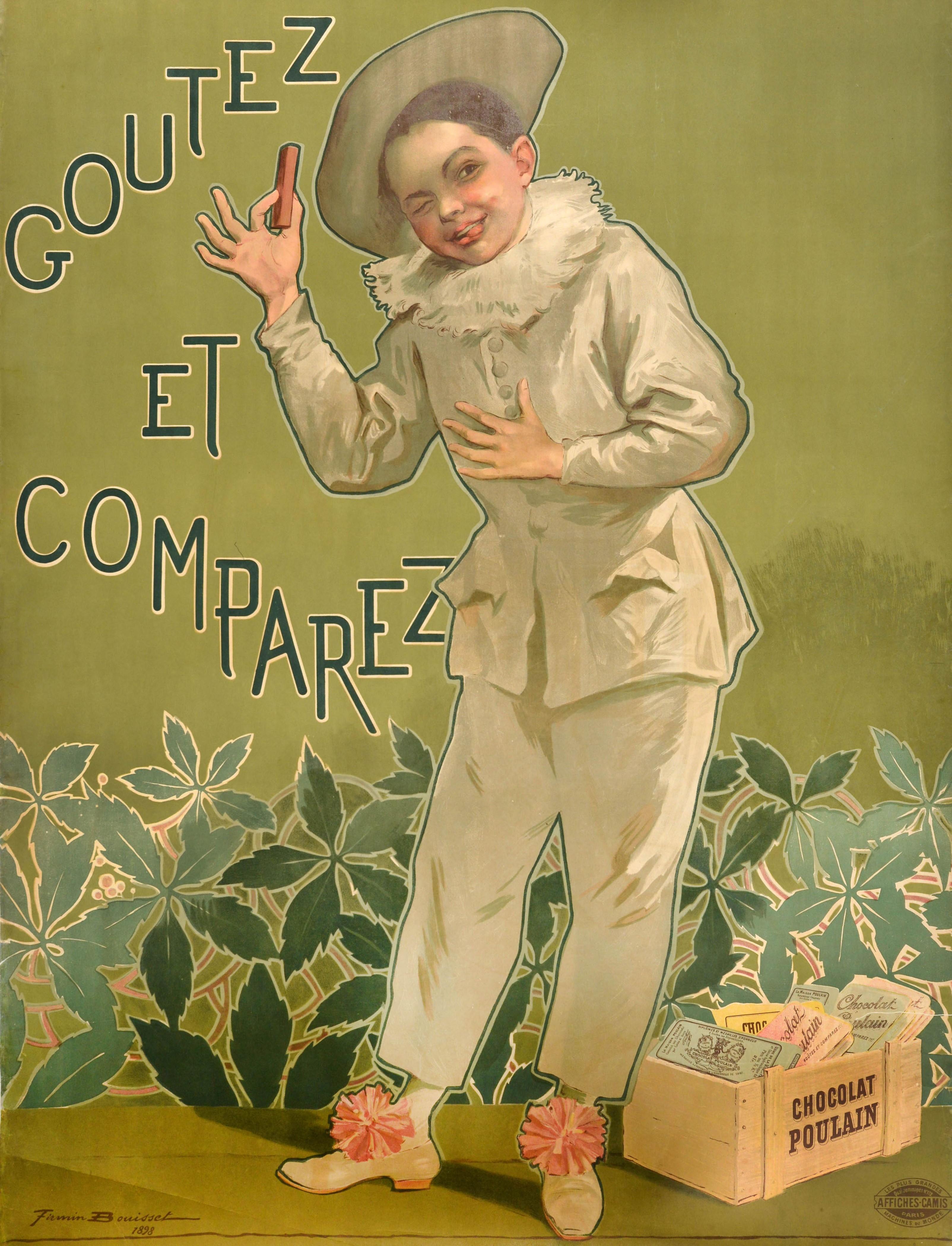 Affiche publicitaire originale pour le Chocolat Poulain Goutez et compare / Taste and Compare représentant un jeune garçon vêtu de blanc, portant un chapeau et des nœuds sur ses chaussures, tirant malicieusement la langue et faisant un clin d'œil au