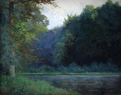 Dipinto a olio su tela raffigurante un paesaggio fluviale, firmato, XX secolo, francese