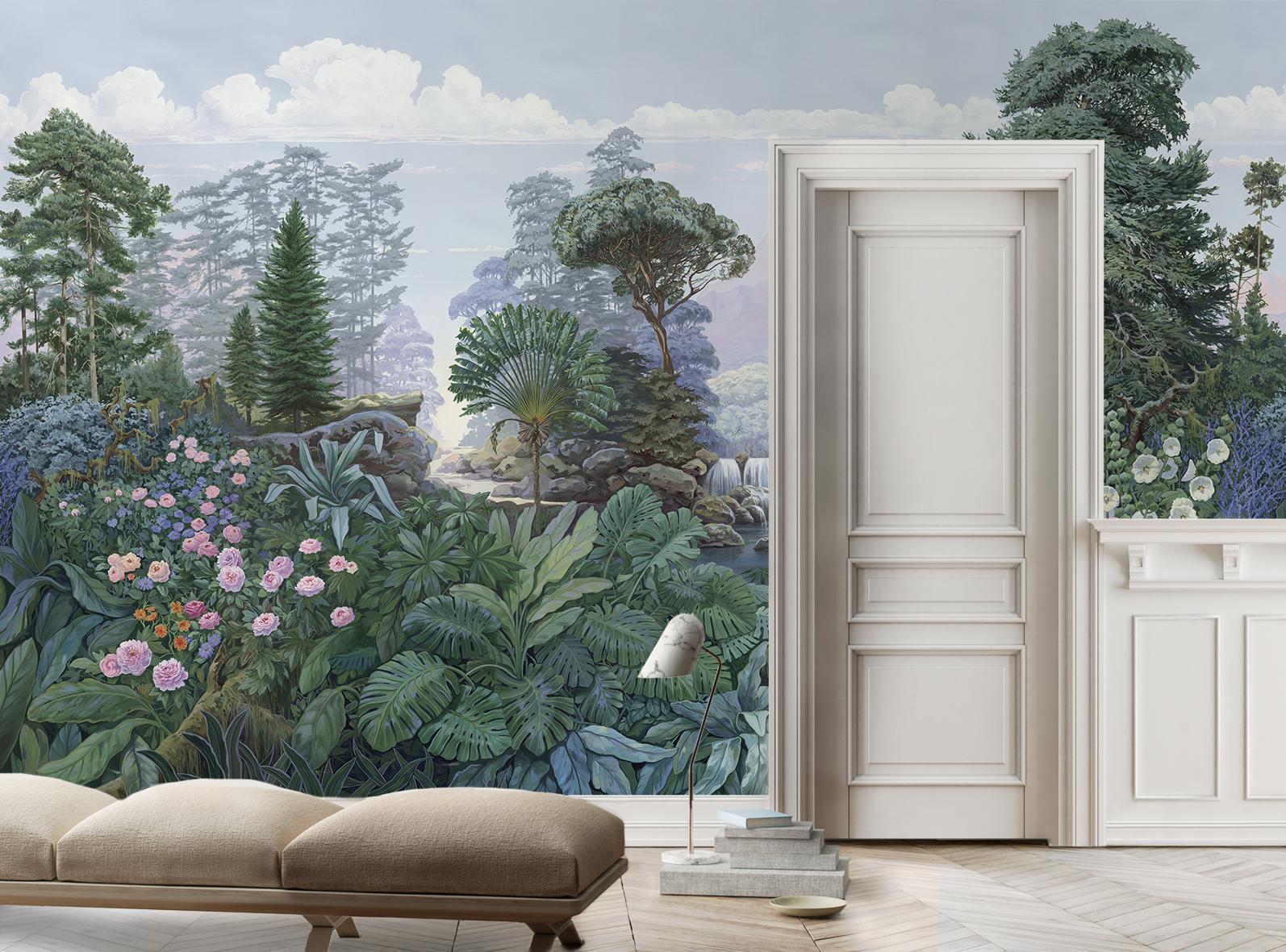 All our products are custom made. The price per square meter is 91$. The price shown is for a 350cm wide by 250cm high wall.

The model for this large format panoramic set is an original oil painting handmade by Denis Berteau for Isidore Leroy. The