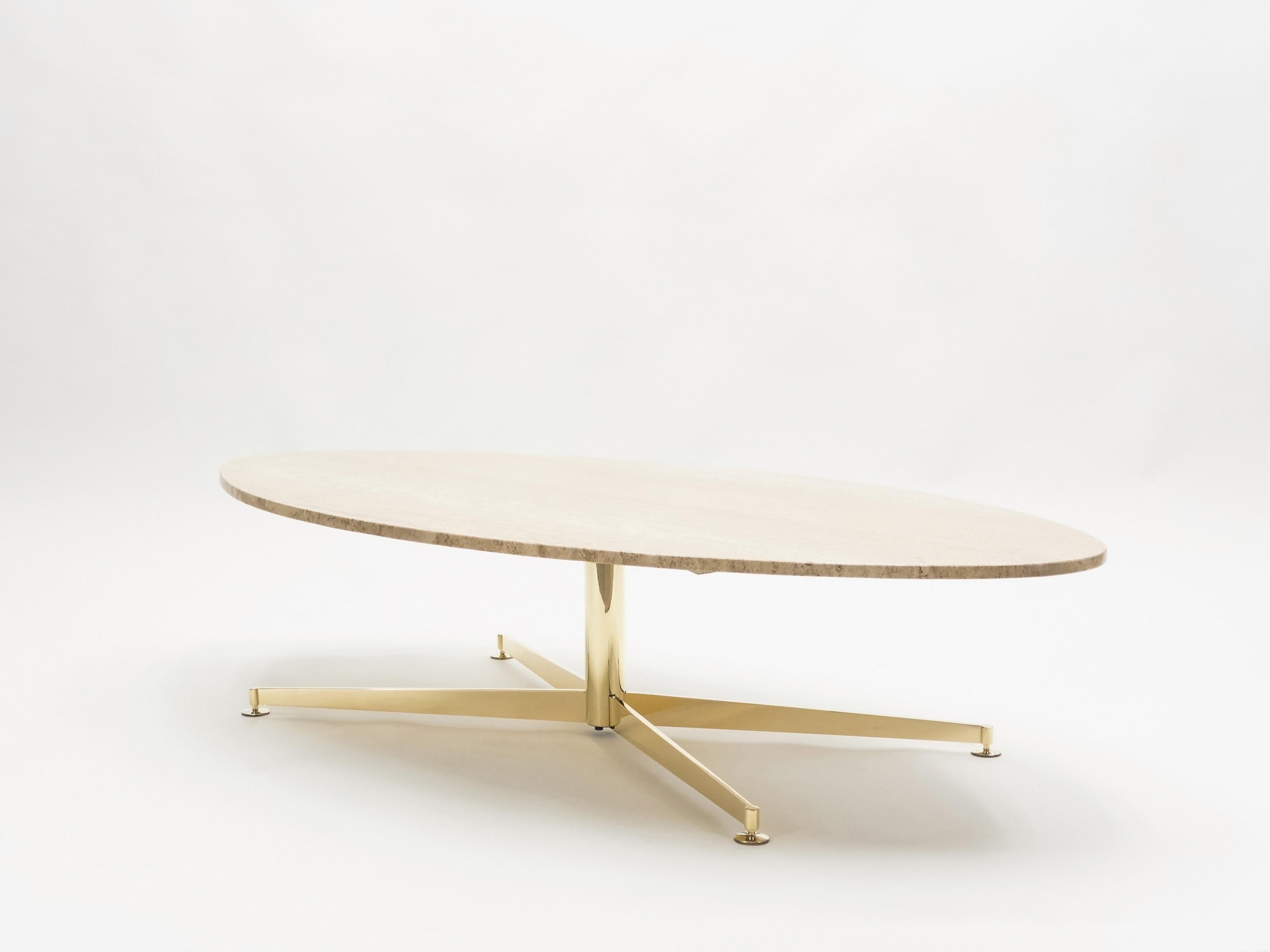 Français Première édition Arflex de Michel Kin table basse elliptique en laiton et travertin 1960