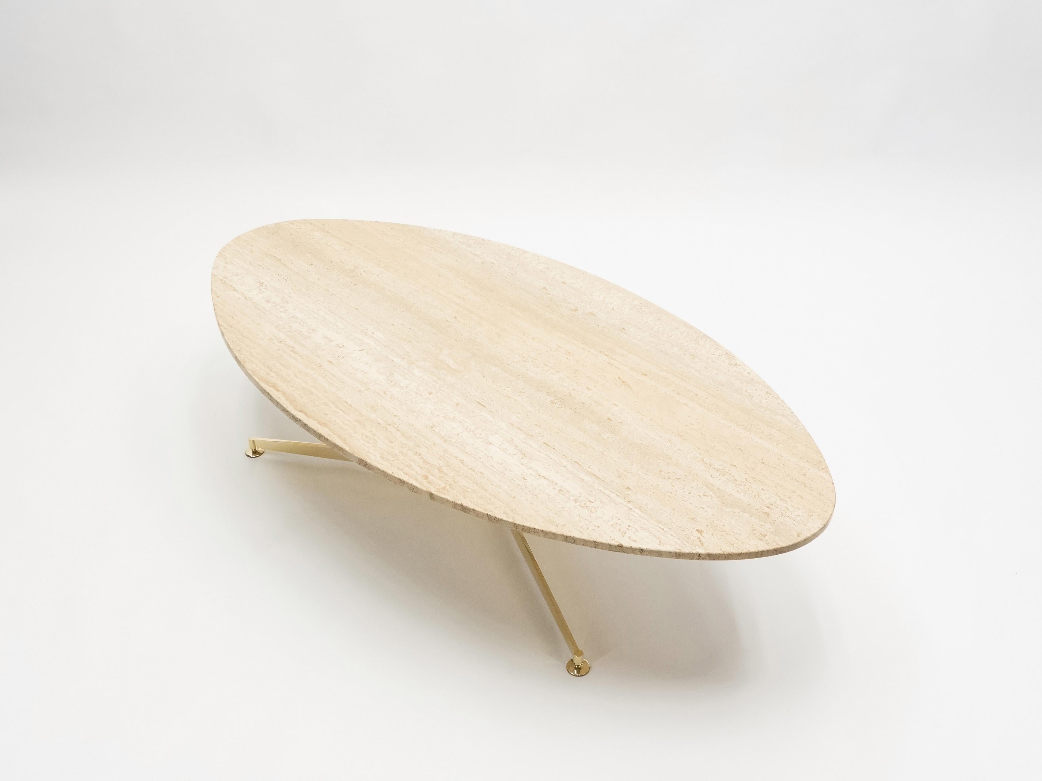 Première édition Arflex de Michel Kin table basse elliptique en laiton et travertin 1960 Bon état à Paris, IDF