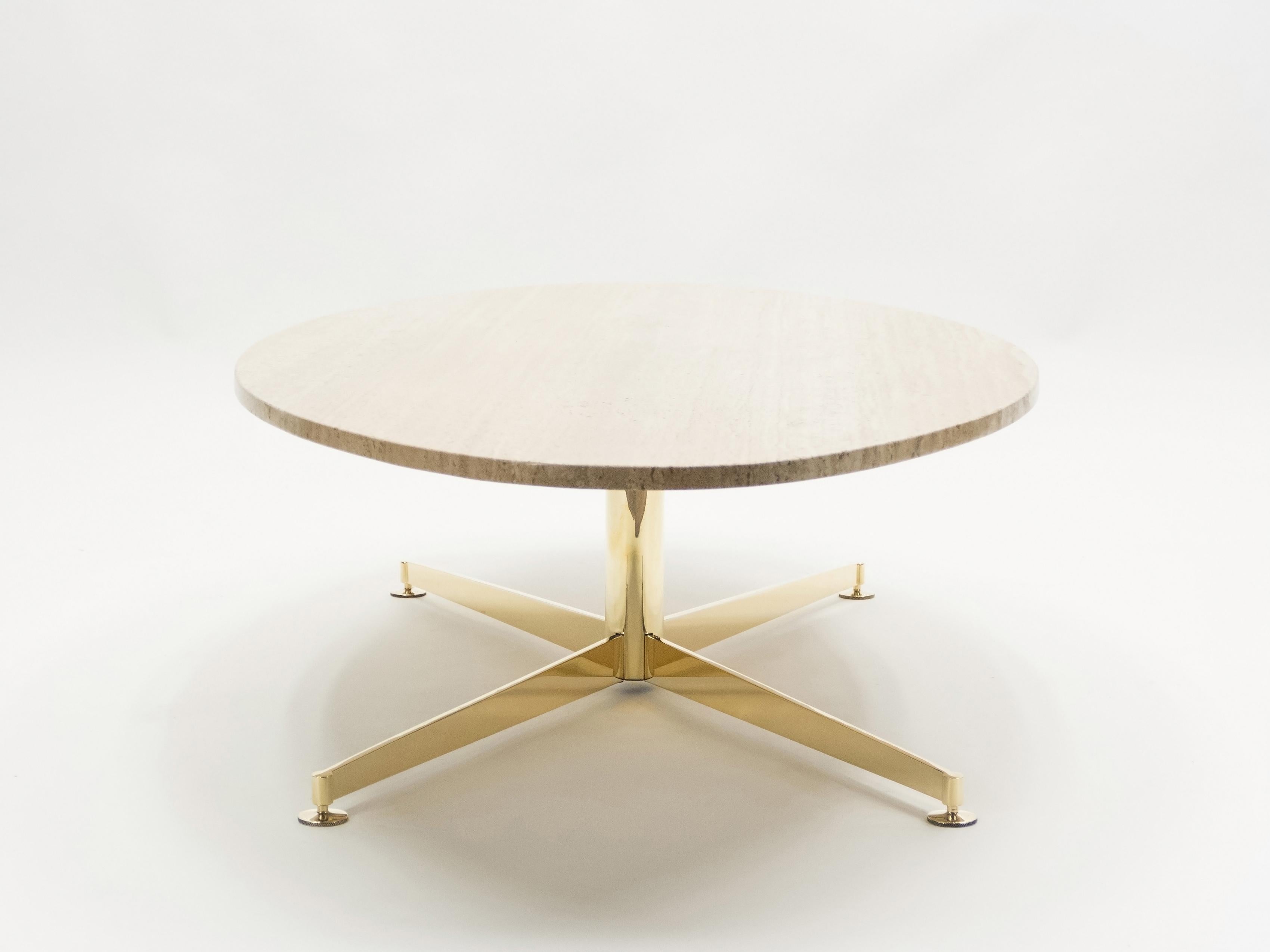 Laiton Première édition Arflex de Michel Kin table basse elliptique en laiton et travertin 1960