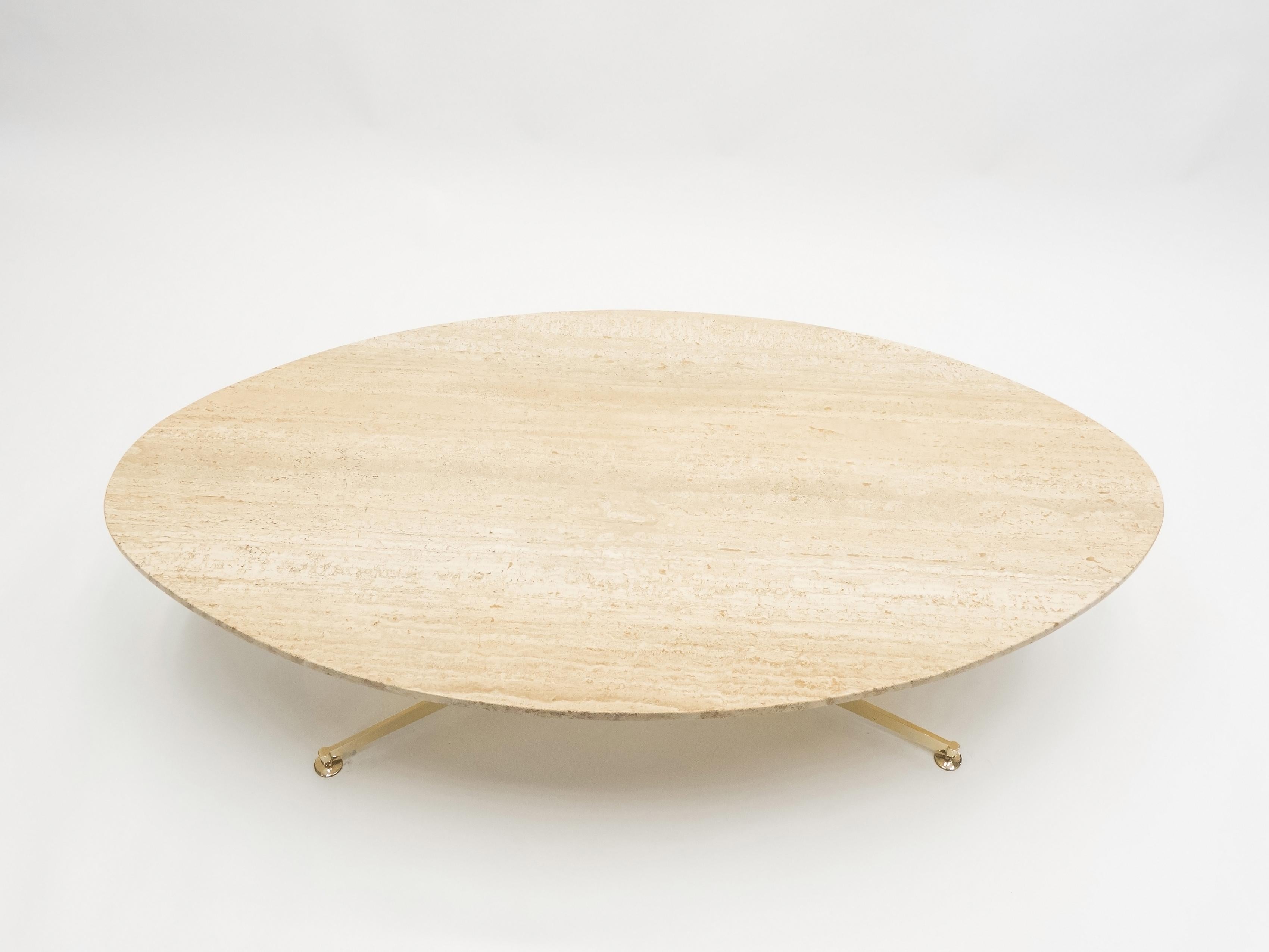 Première édition Arflex de Michel Kin table basse elliptique en laiton et travertin 1960 1