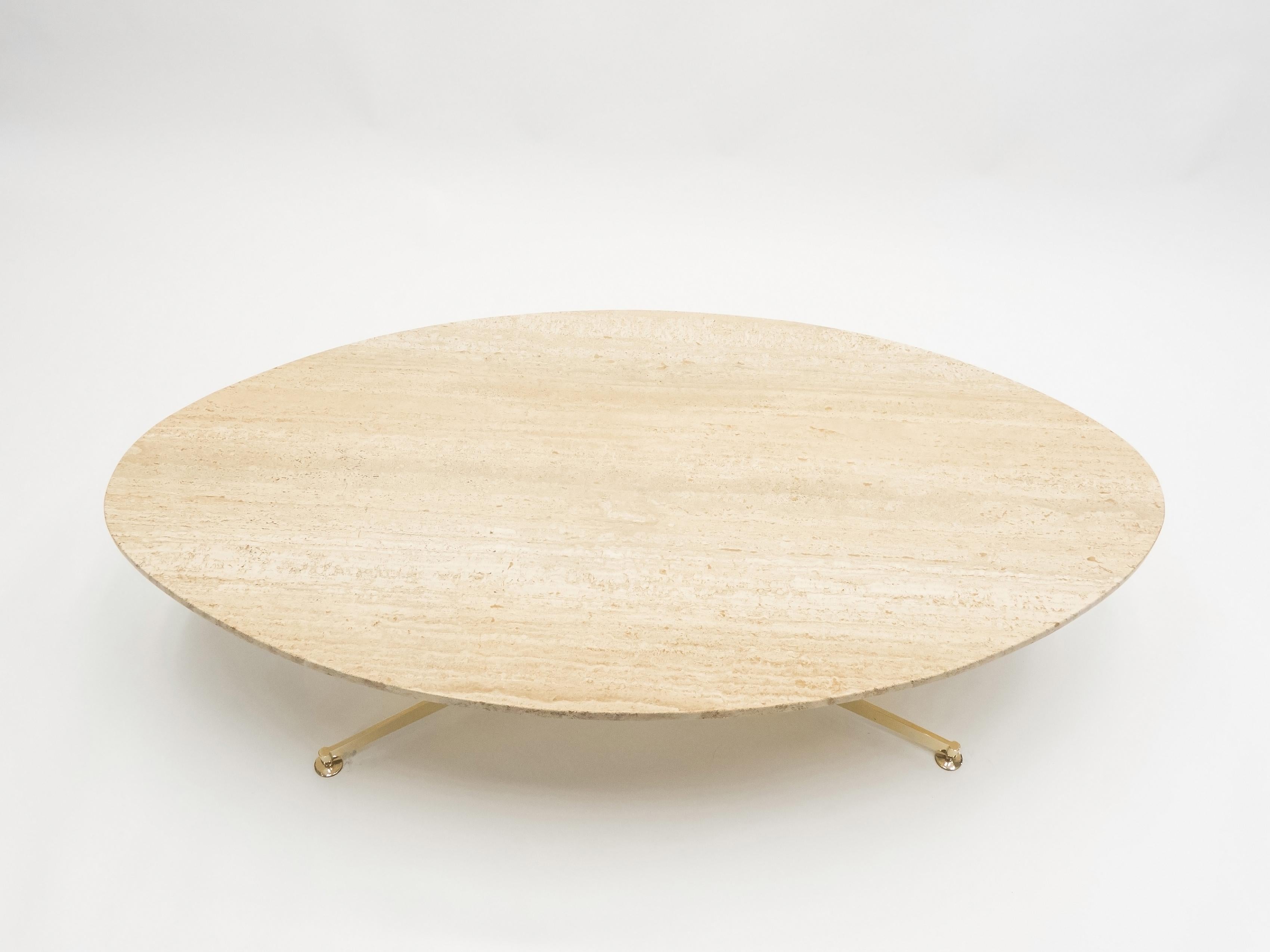 First Arflex Edition by Michel Kin Elliptical Travertine Brass Coffee Table 1960 1