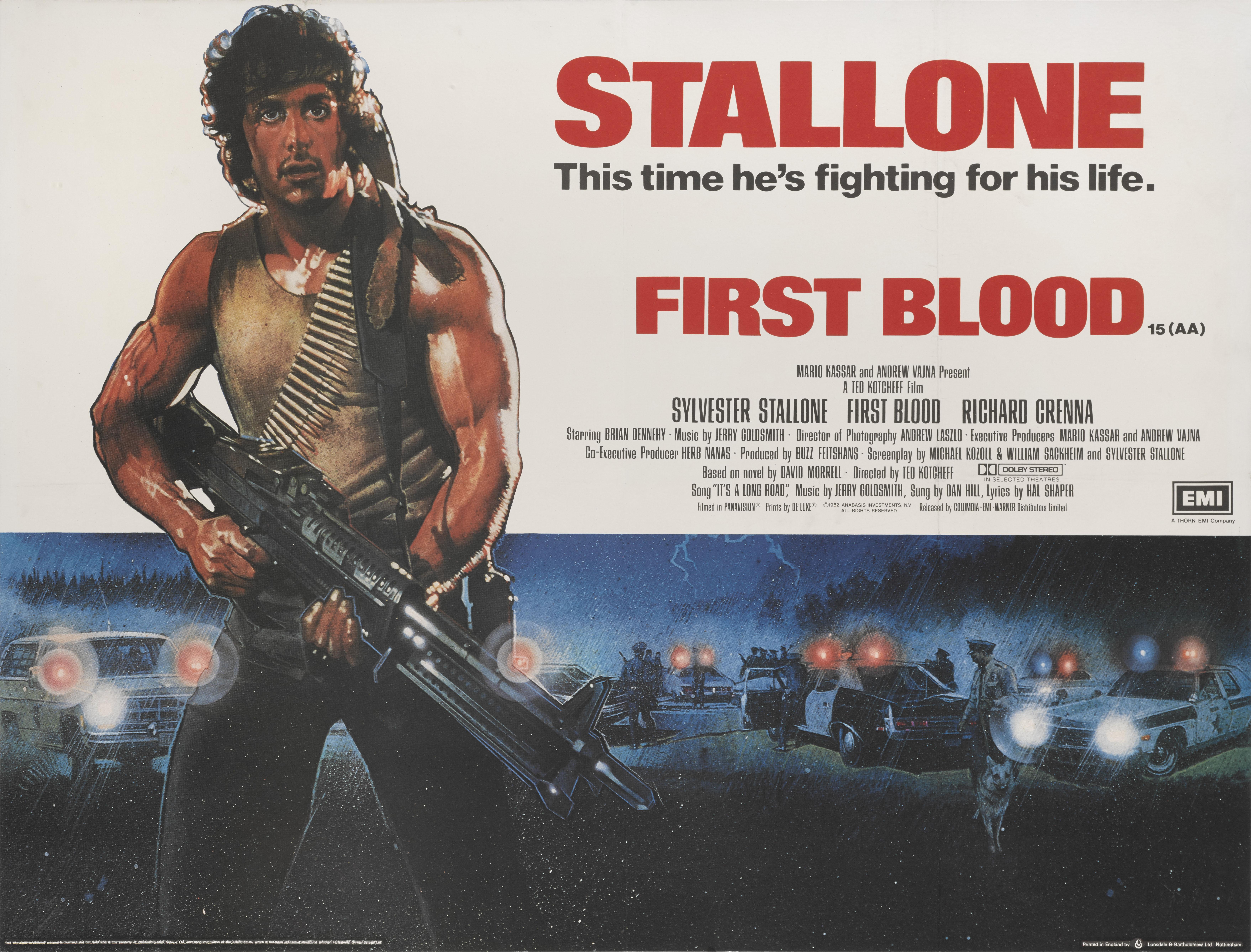 Affiche originale britannique pour le film First Blood 1982.
Ce film est interprété par Sylvestor Stallone, Brian Dennehy et Richard Crennafor.
Ce film a été réalisé par George P. Cosmatos. L'œuvre d'art figurant sur l'affiche est de Drew Struzan