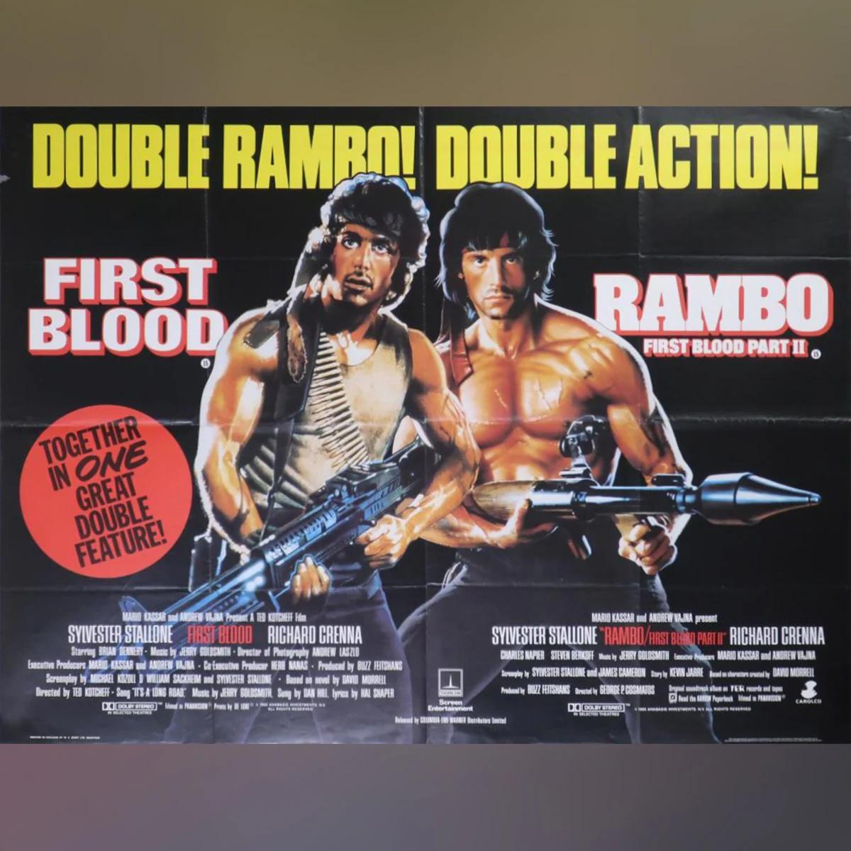 First Blood / Rambo : First Blood Part (1985)
Original British Quad (30 X 40 Inches)

Rare double bill pour les deux premiers films de Rambo. Il s'agit d'un quadricoptère britannique des années 1980. John Rambo, un ancien soldat américain traumatisé