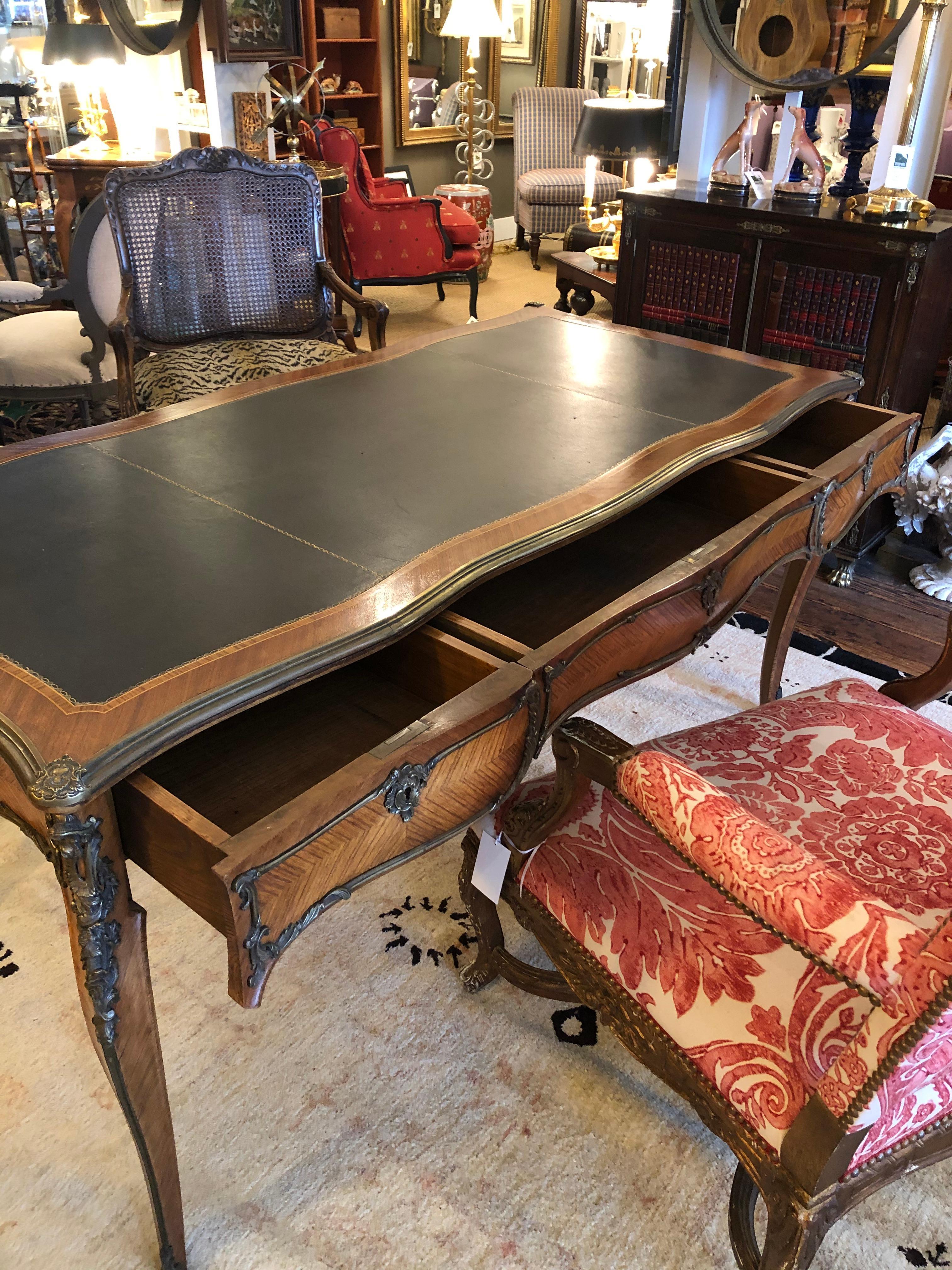 French Superb Louis XV Style Kingwood Veneer and Brass Mounted Bureau Plat Desk