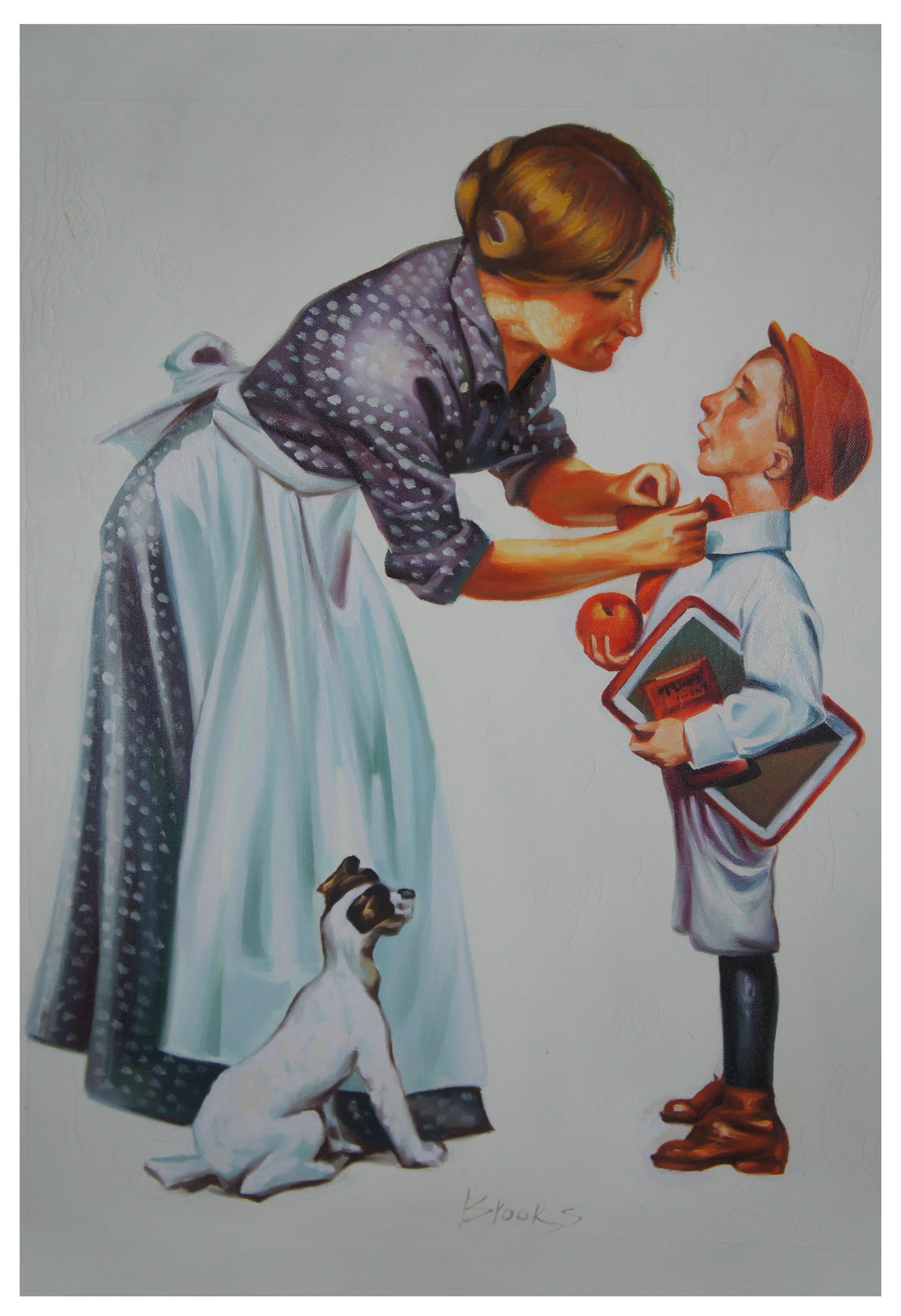 Expressionist First Day of School Realist Illustration Oil Painting Canvas by Brooks, 1950s For Sale