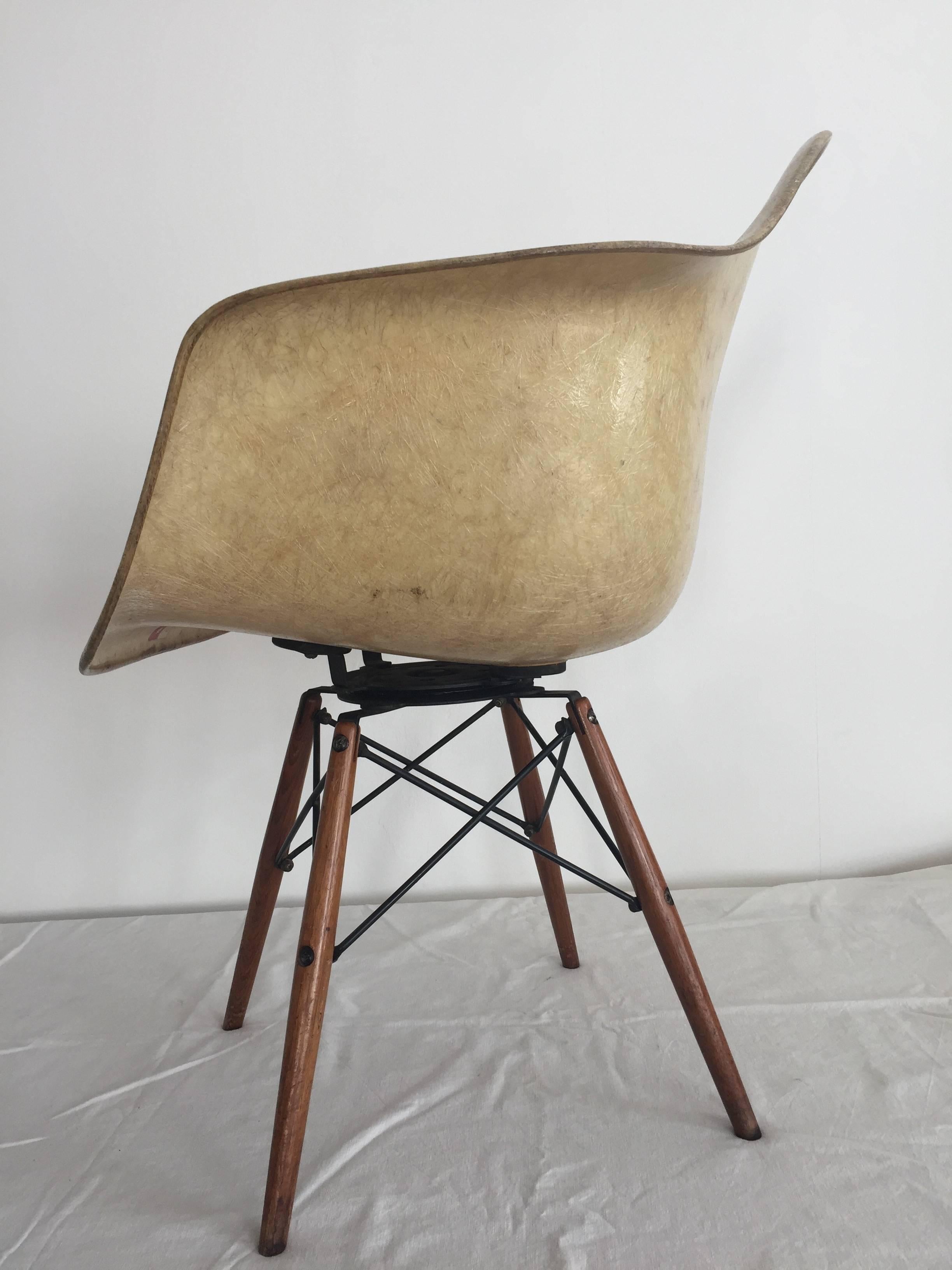 Mid-Century Modern First Edition Charles Eames Paw Chair Swivel Fibre Glass Shell Dowel Leg Walnut For Sale