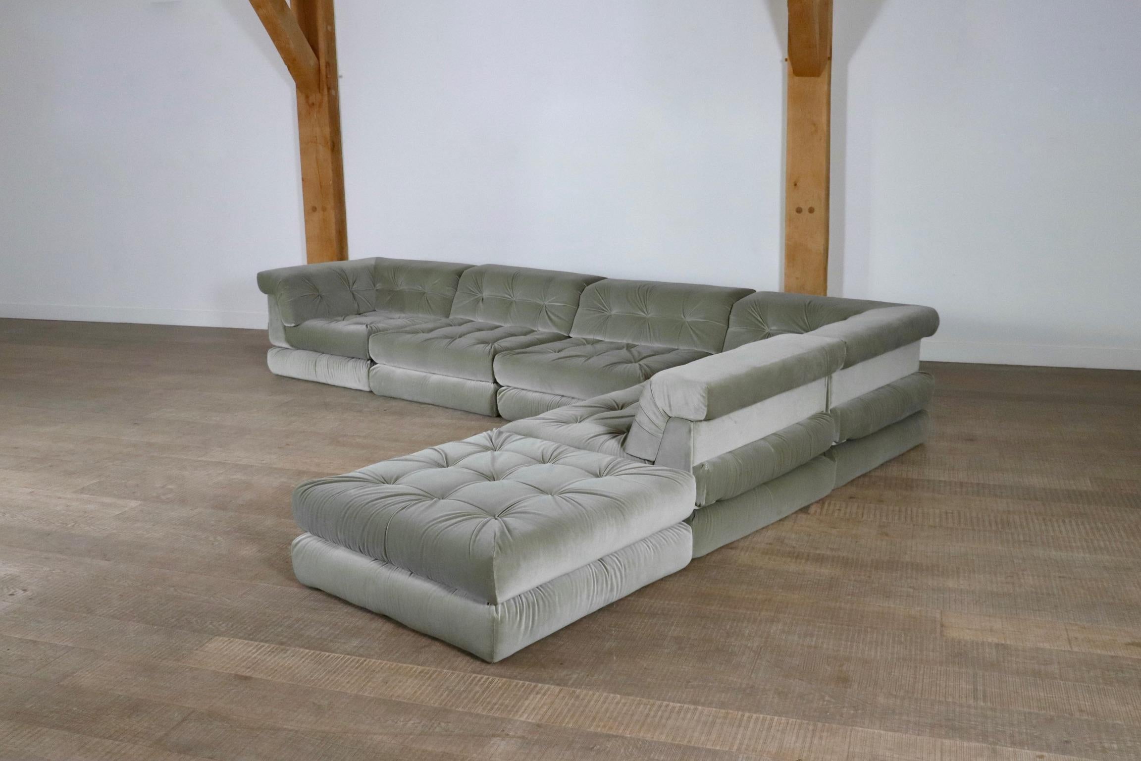 Marvelous First edition Mah Jong sofa set designed by Hans Hopfer for Roche Bobois in 1971. This sofa offers complete freedom of form and function. This particular set is reupholstered in a high quality cotton velvet in a beautiful sage green