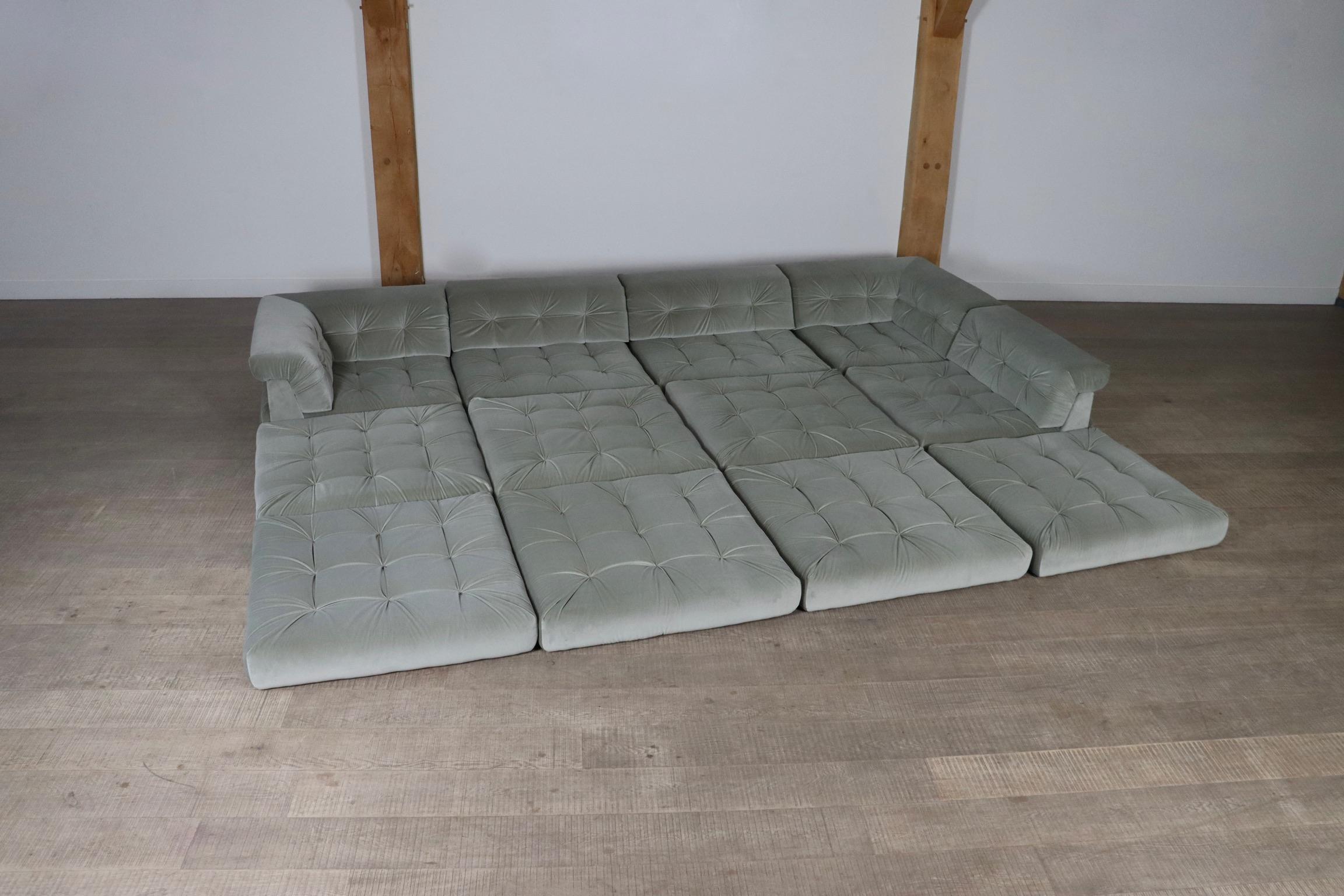 Velvet First Edition Mah Jong sofa in sage green velvet by Hans Hopfer for Roche Bobois