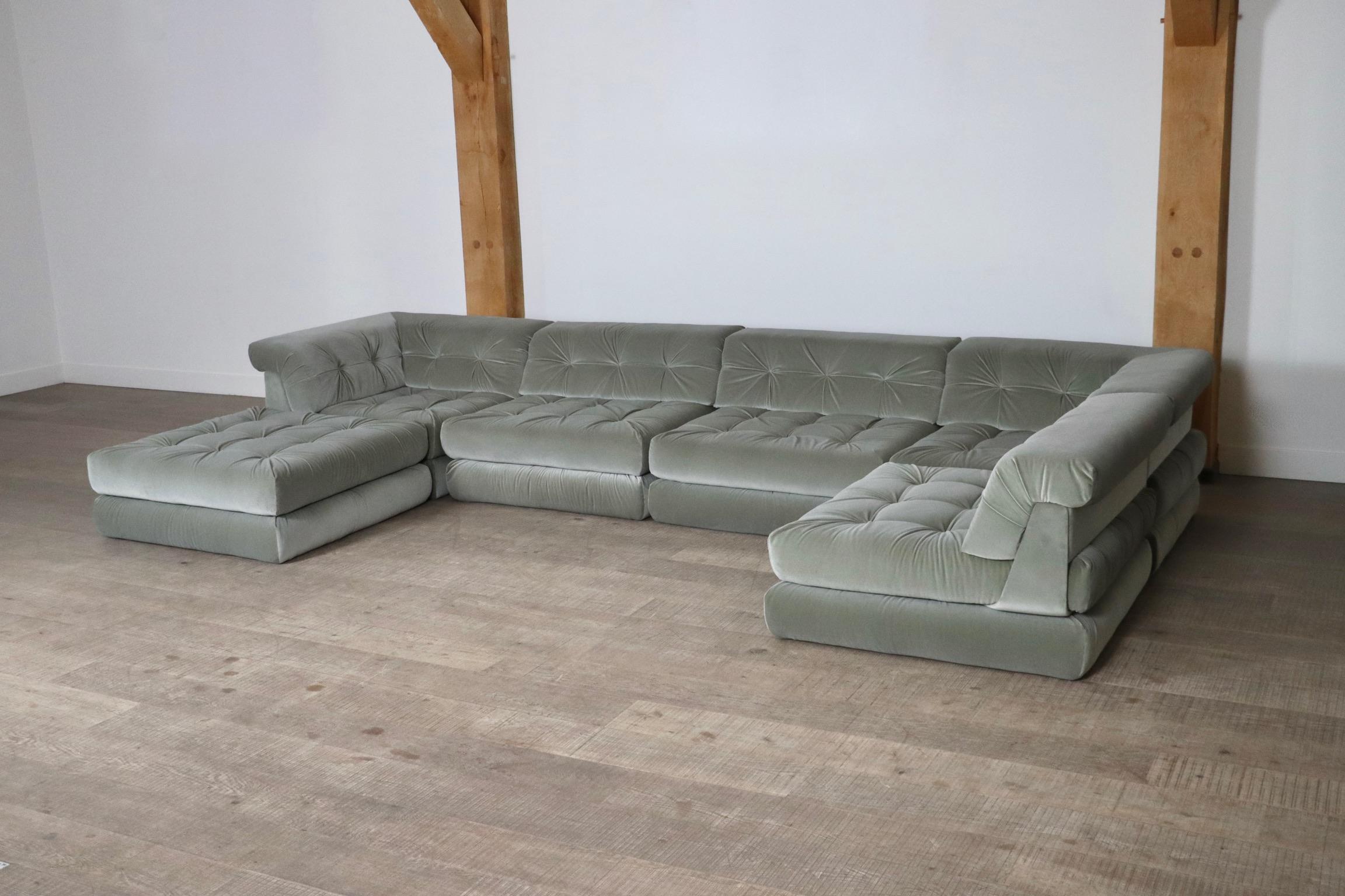 First Edition Mah Jong sofa in sage green velvet by Hans Hopfer for Roche Bobois 1