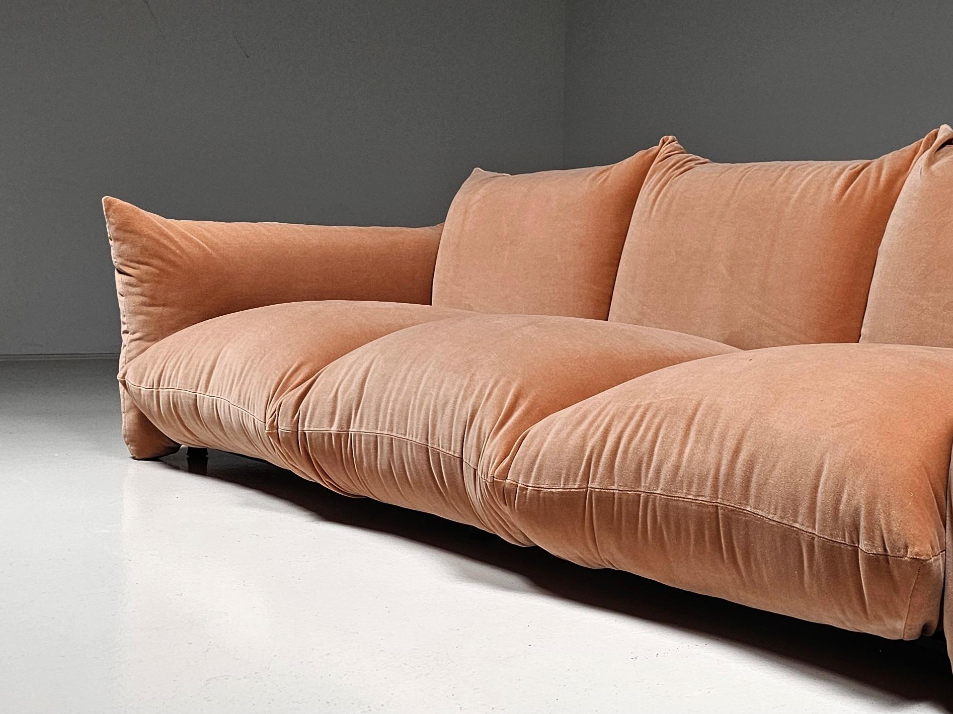 European First Edition Mario Marenco 3-Seater Sofa in peach pink velvet for Arflex, 1970s