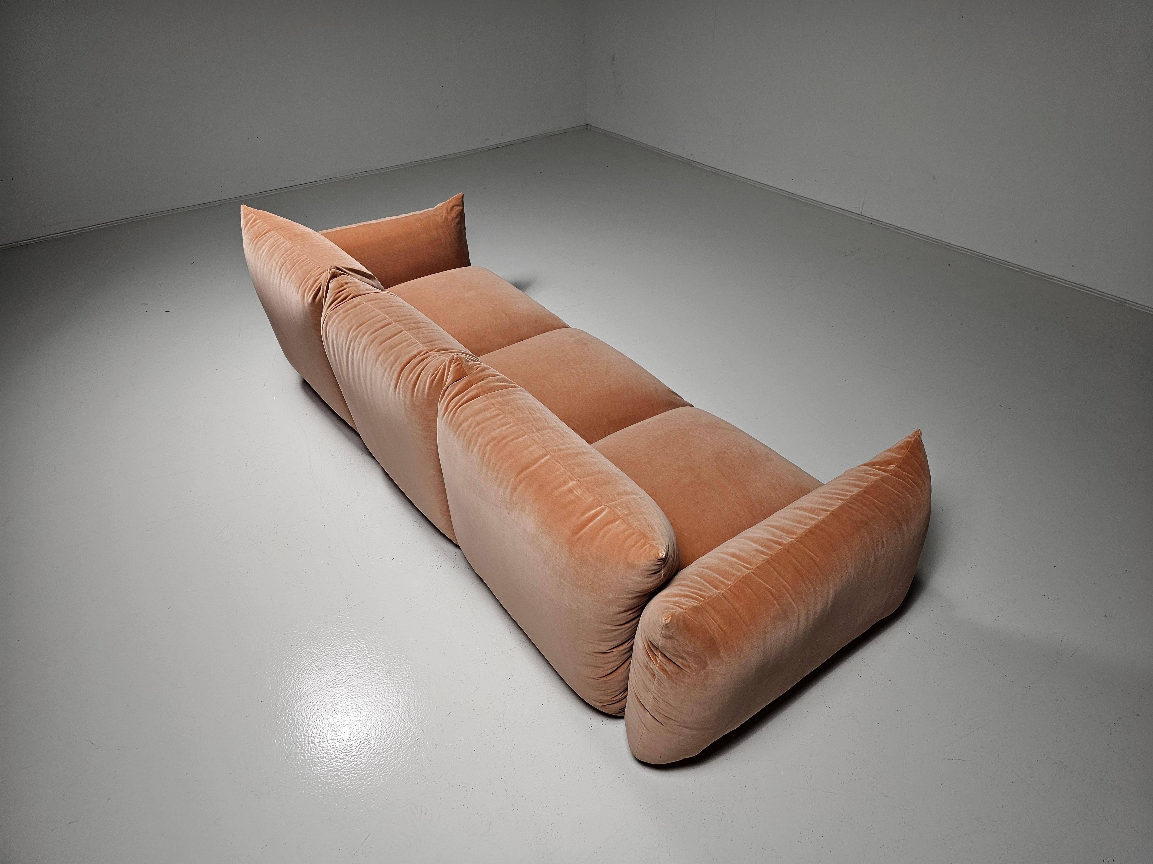 First Edition Mario Marenco 3-Seater Sofa in peach pink velvet for Arflex, 1970s 1