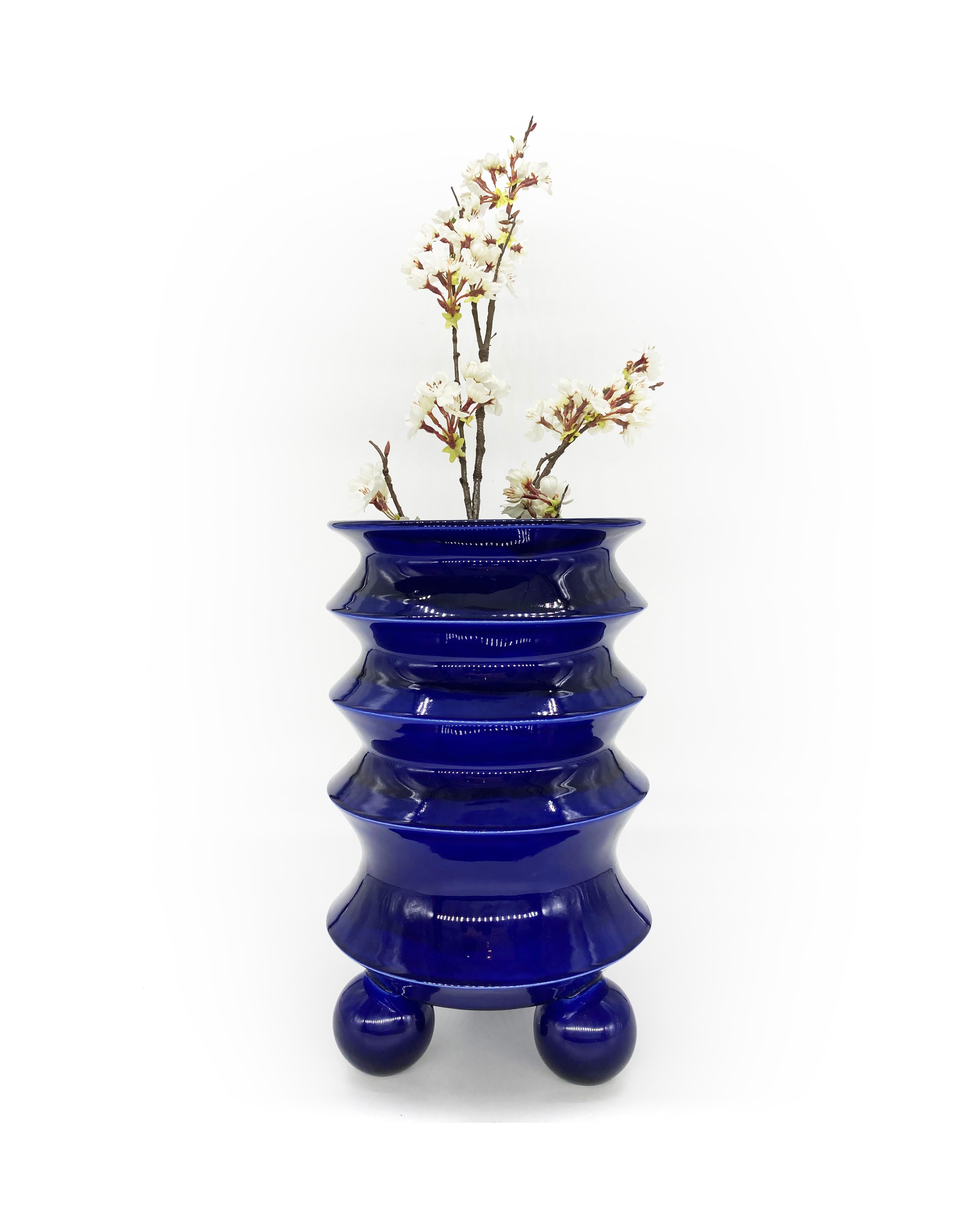 Post-Modern First Edition Toltec Pop Art Ceramic Vase in Blue, in Stock For Sale
